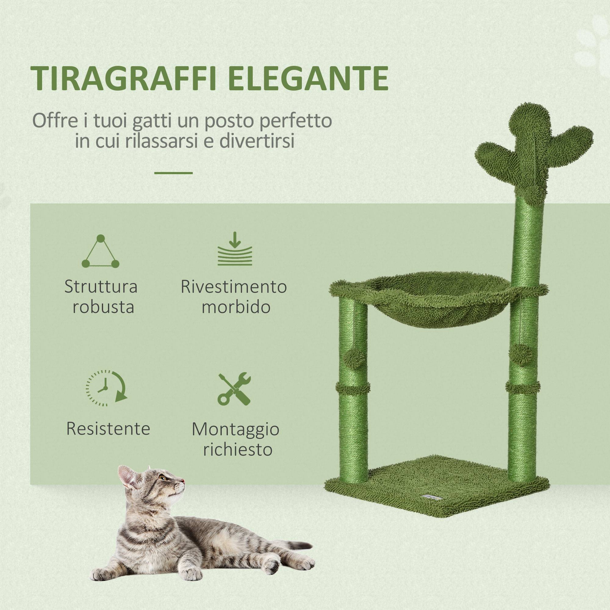 Sans Marque - Arbre à chat PawHut cactus sisal balles hamac 96 cm chat intérieur vert - Image 6