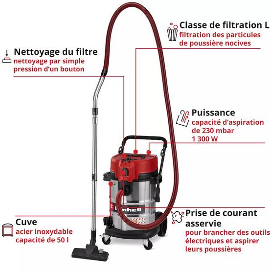 Einhell - Aspirateur eau et poussières – 50 L – 230 mbar – 1 300 W – Filtre HEPA – Classe L – Cuve inox Einhell - Image 3