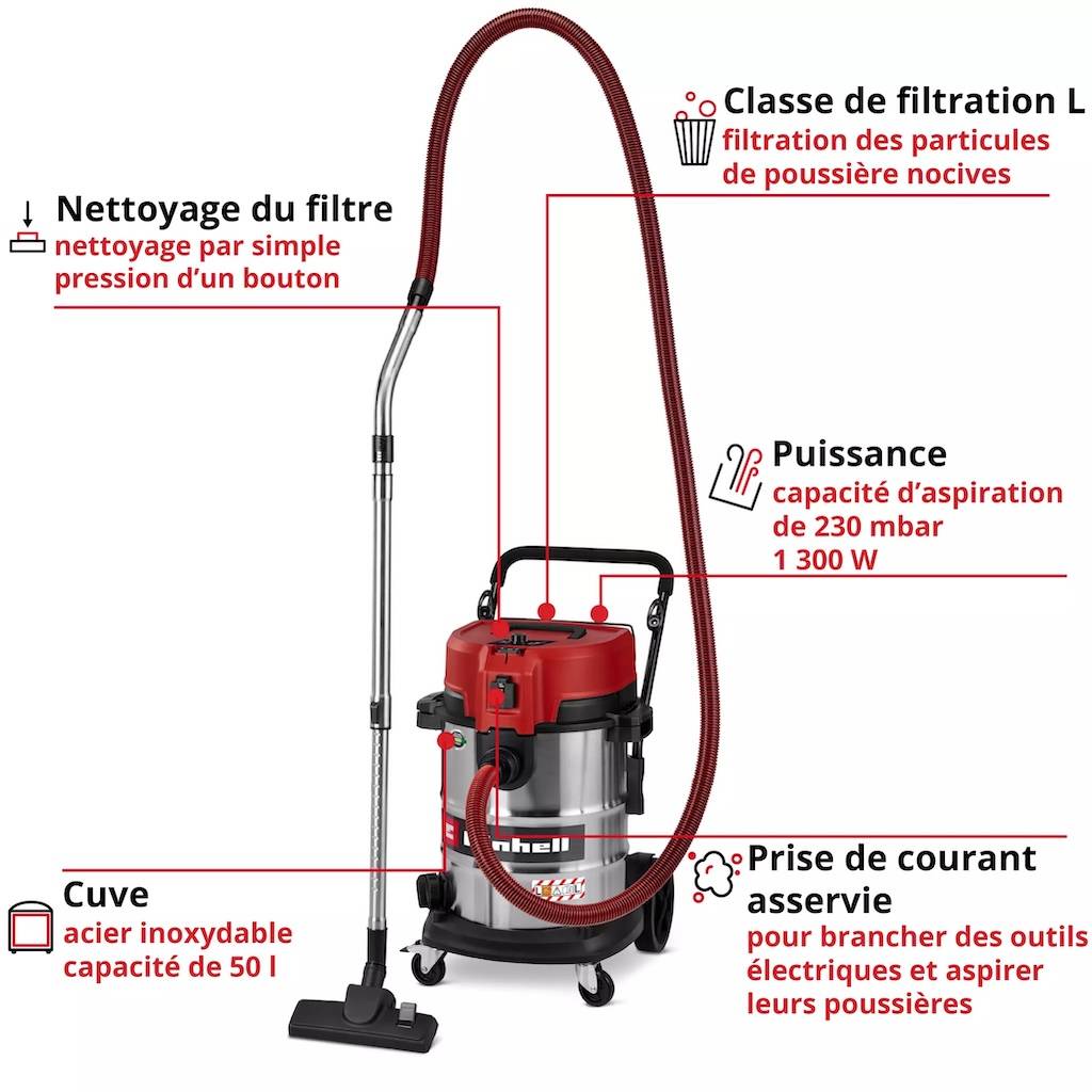 Einhell - Aspirateur eau et poussières – 50 L – 230 mbar – 1 300 W – Filtre HEPA – Classe L – Cuve inox Einhell - Image 3