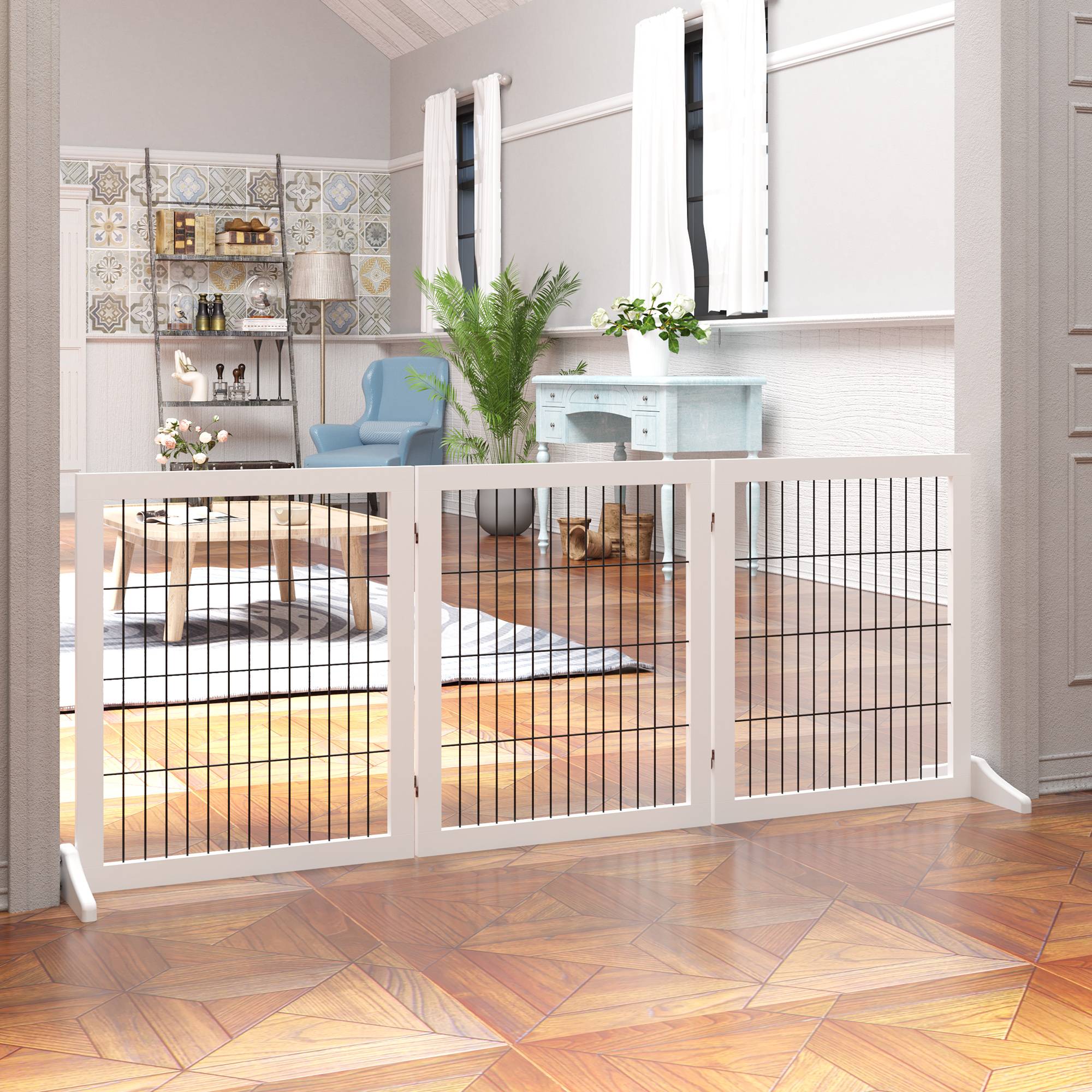 Barrière Sécurité Chien Bois Pin Métal Escalier Porte Pliable 3 Panneaux 185cm Blanc - ComfortXL Pet Living - Image 1