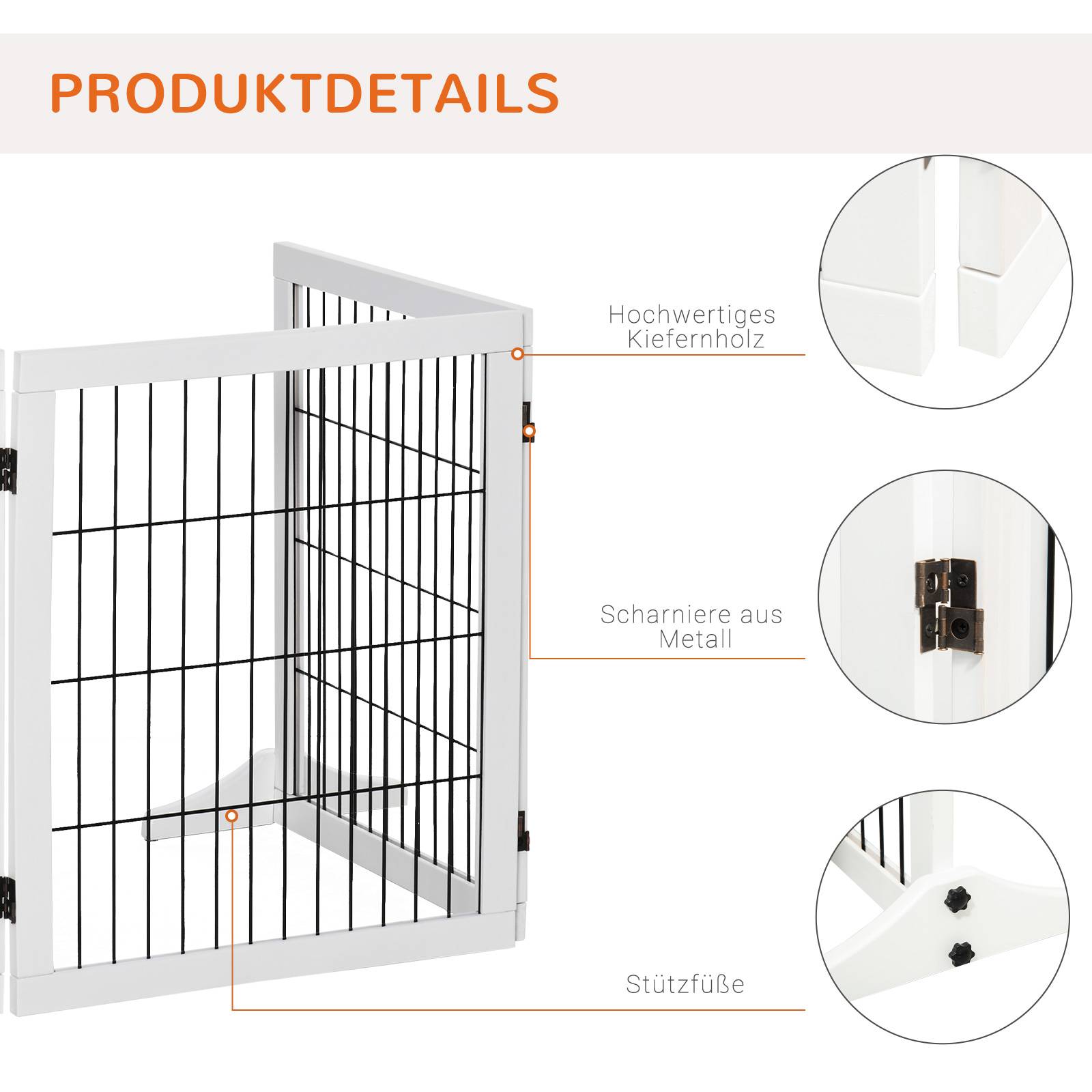 Barrière Sécurité Chien Bois Pin Métal Escalier Porte Pliable 3 Panneaux 185cm Blanc - ComfortXL Pet Living - Image 6