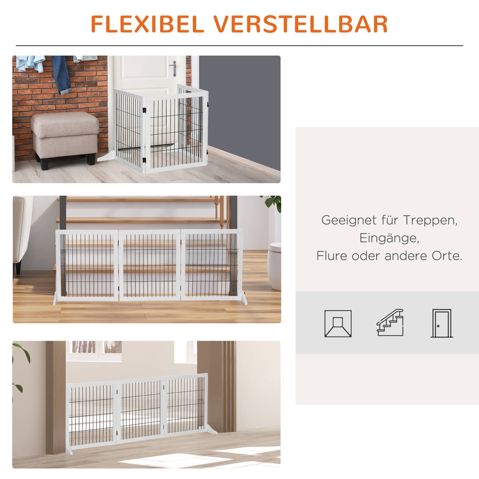 Barrière Sécurité Chien Bois Pin Métal Escalier Porte Pliable 3 Panneaux 185cm Blanc - ComfortXL Pet Living - Image 4