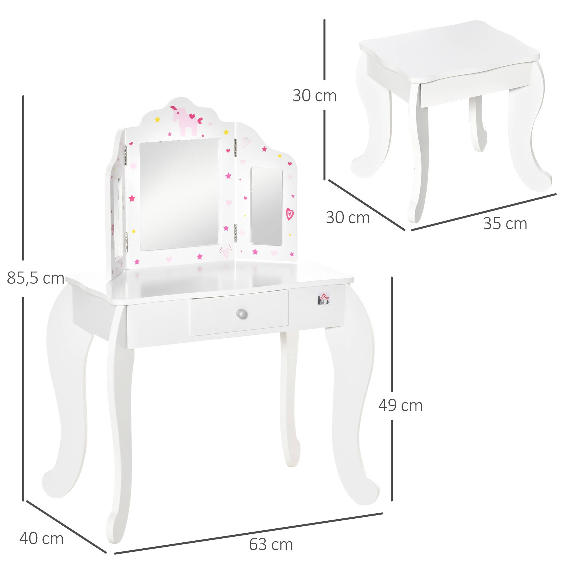 Sans Marque - Coiffeuse pour enfants avec tabouret et miroir réglable, table de maquillage avec tiroir, pour filles et garçons de 3 à 6 ans, blanche - Image 5