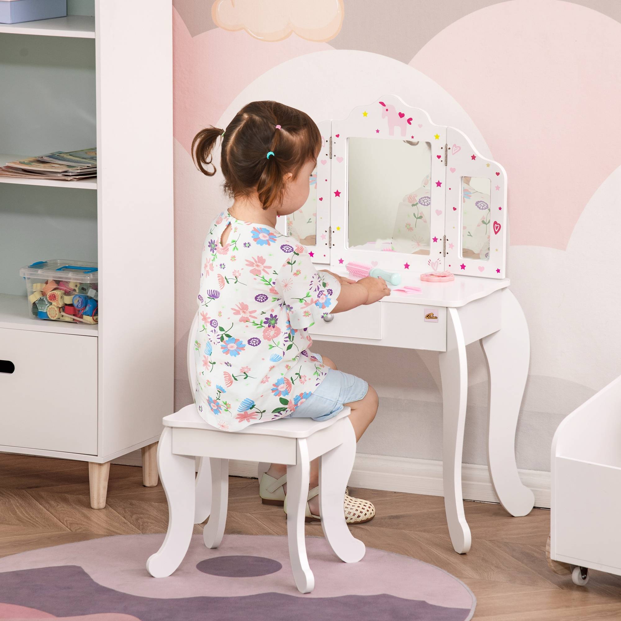 Sans Marque - Coiffeuse pour enfants avec tabouret et miroir réglable, table de maquillage avec tiroir, pour filles et garçons de 3 à 6 ans, blanche - Image 3