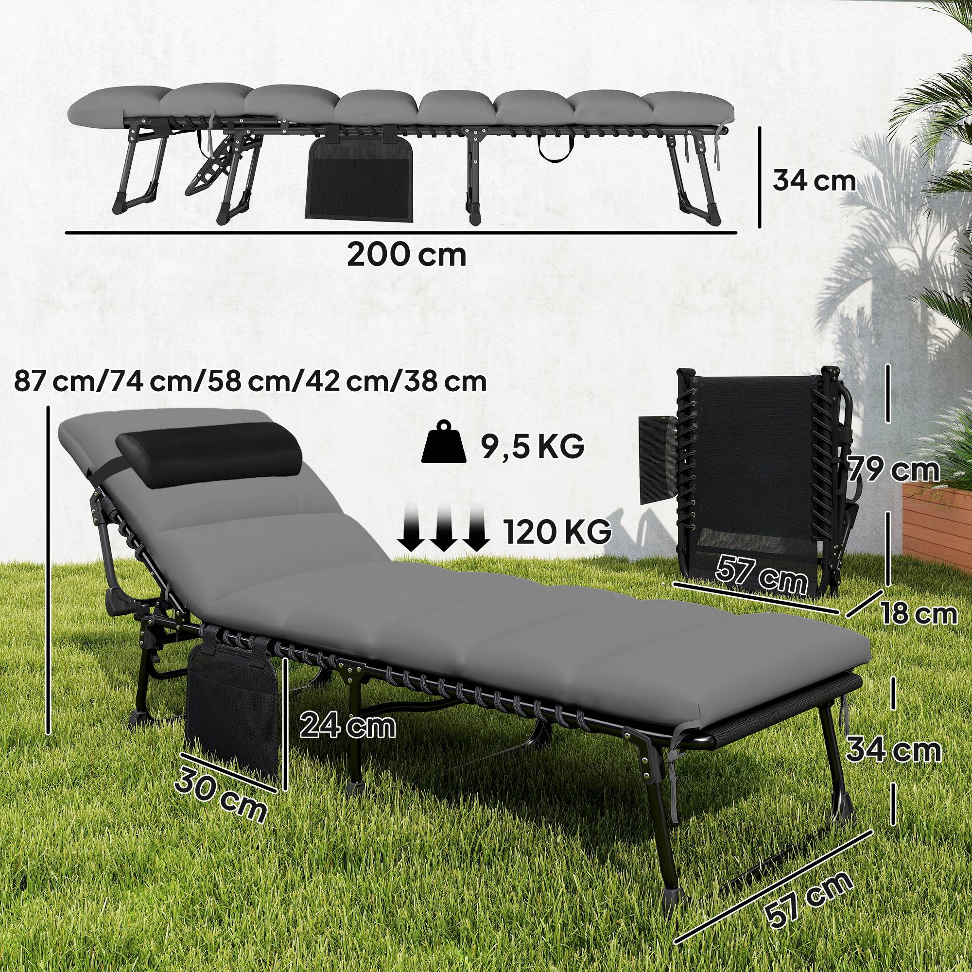 Chaise longue jardin, Bain de soleil Pliable, dossier inclinable - 200x57x38cm Acier Gris Foncé fr50 - Image 5