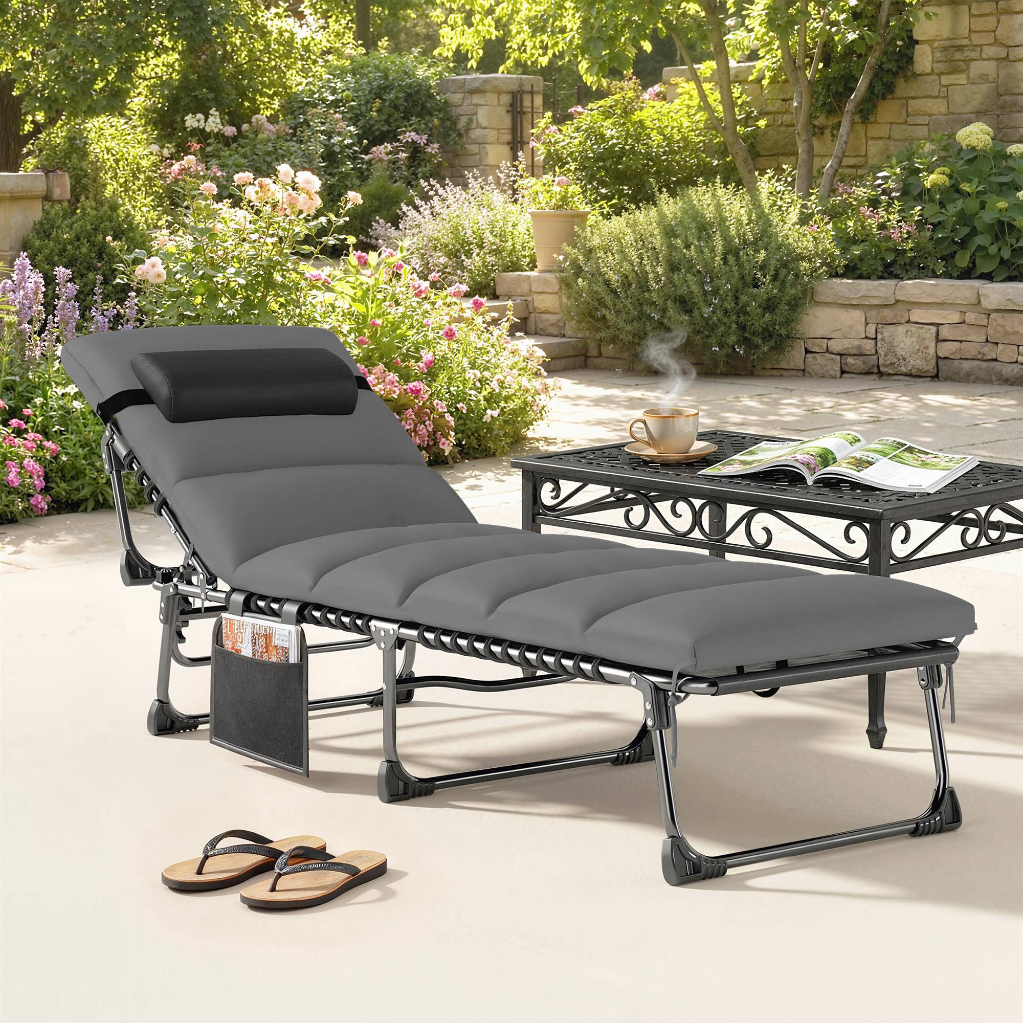 Chaise longue jardin, Bain de soleil Pliable, dossier inclinable - 200x57x38cm Acier Gris Foncé fr50 - Image 3