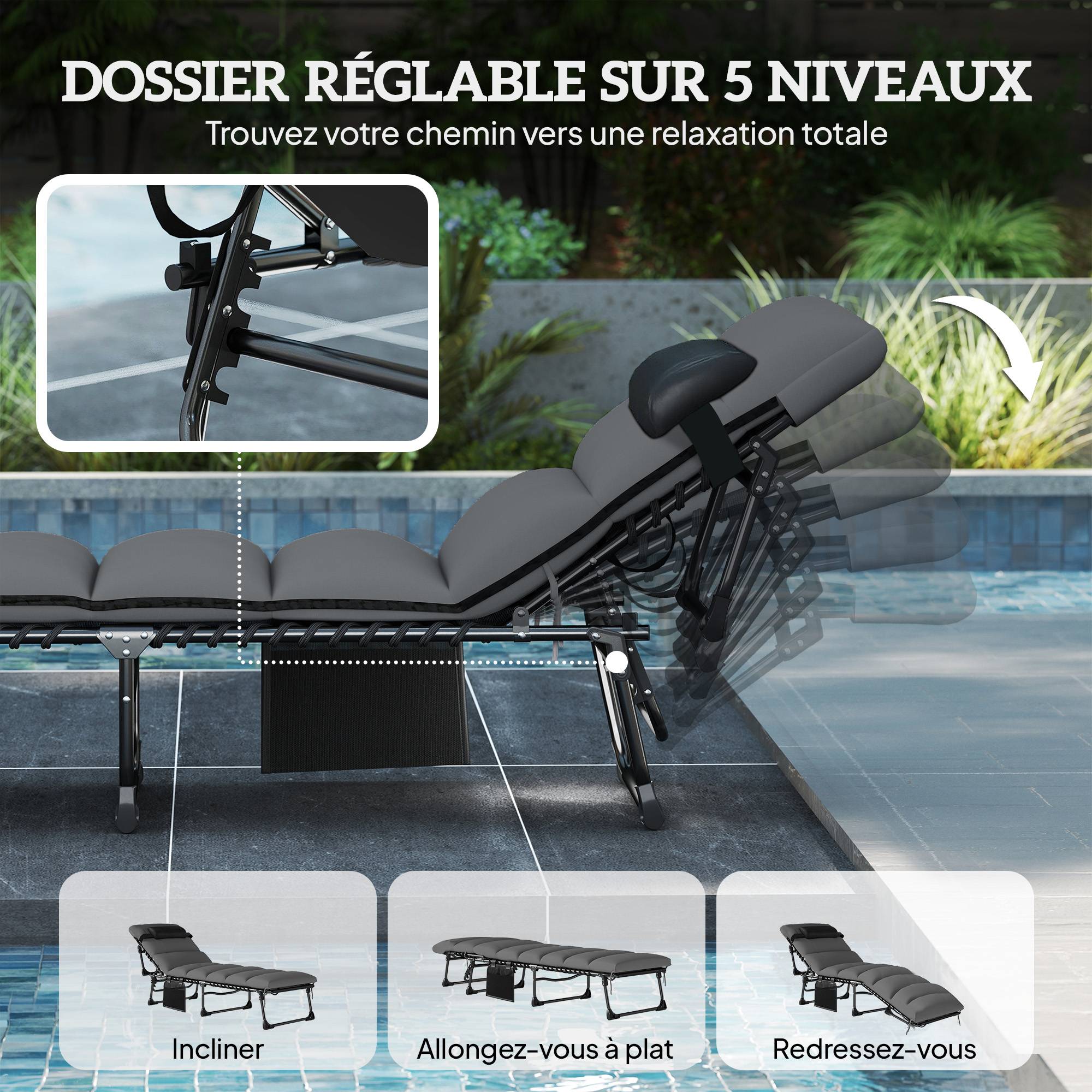Chaise longue jardin, Bain de soleil Pliable, dossier inclinable - 200x57x38cm Acier Gris Foncé fr50 - Image 6