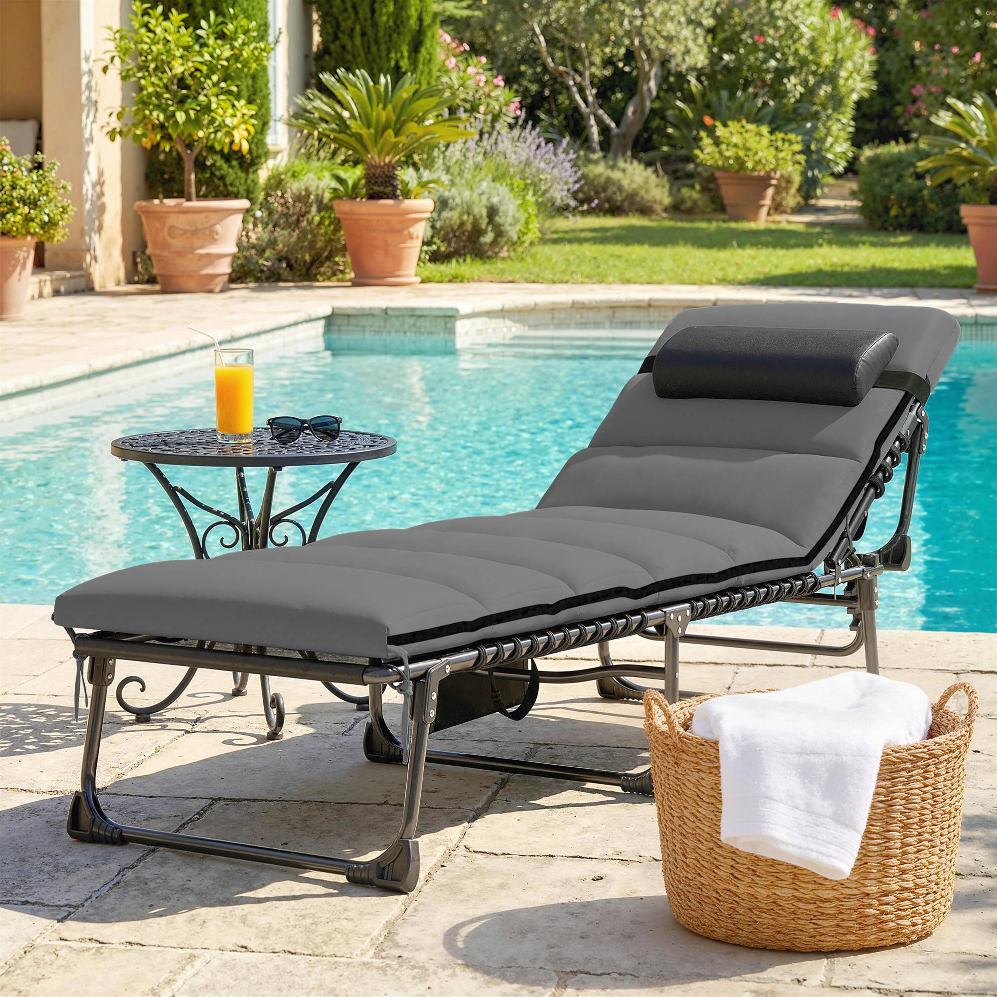 Chaise longue jardin, Bain de soleil Pliable, dossier inclinable - 200x57x38cm Acier Gris Foncé fr50 - Image 4