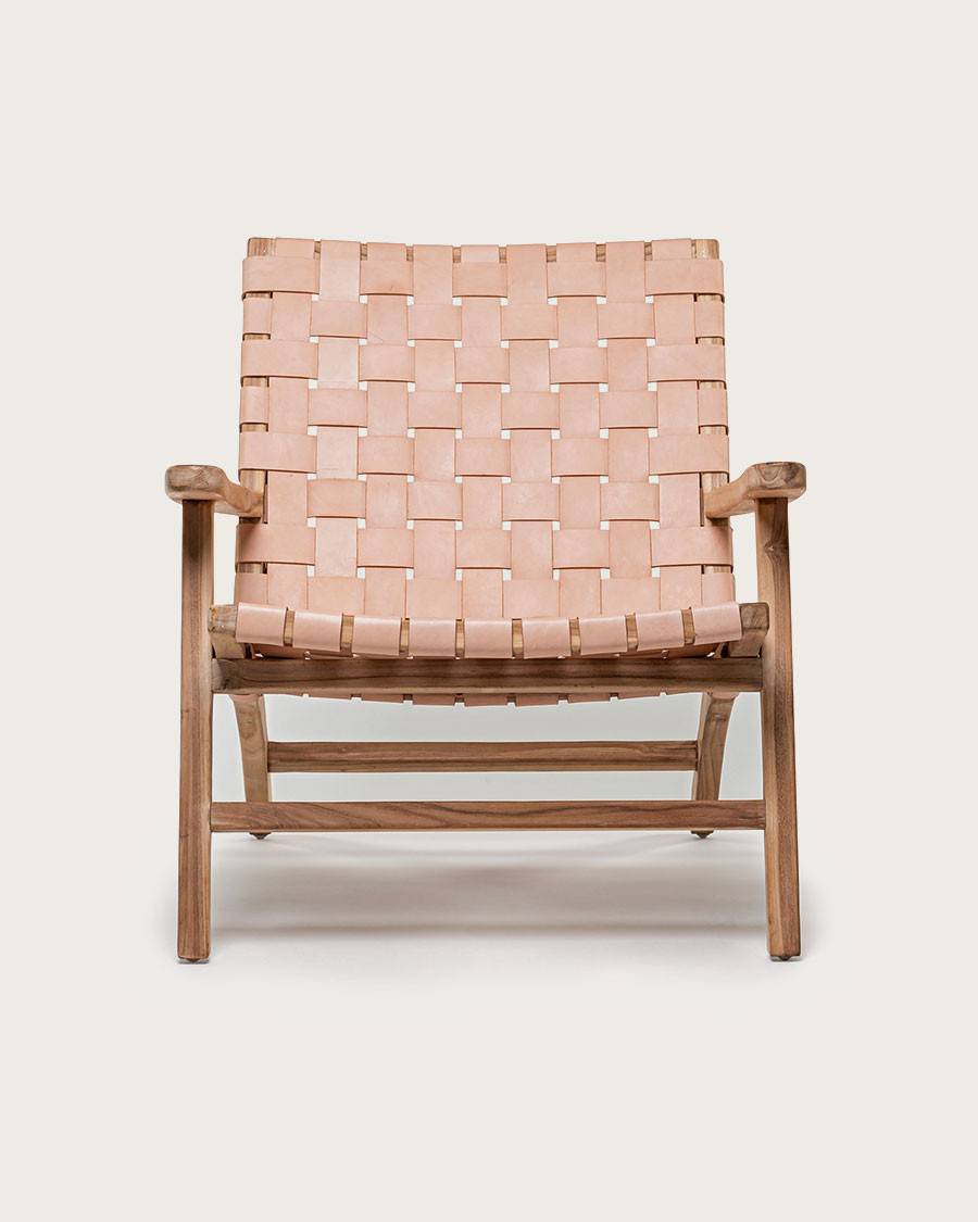 Salmon - Fauteuil lounge en teck et cuir saumon - UNIQKA - Image 4