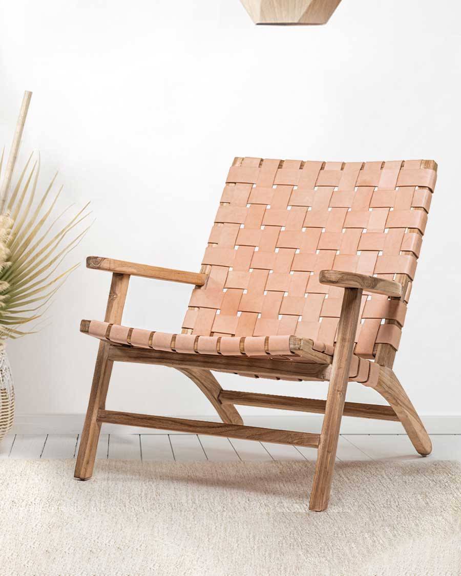 Salmon - Fauteuil lounge en teck et cuir saumon - UNIQKA - Image 2