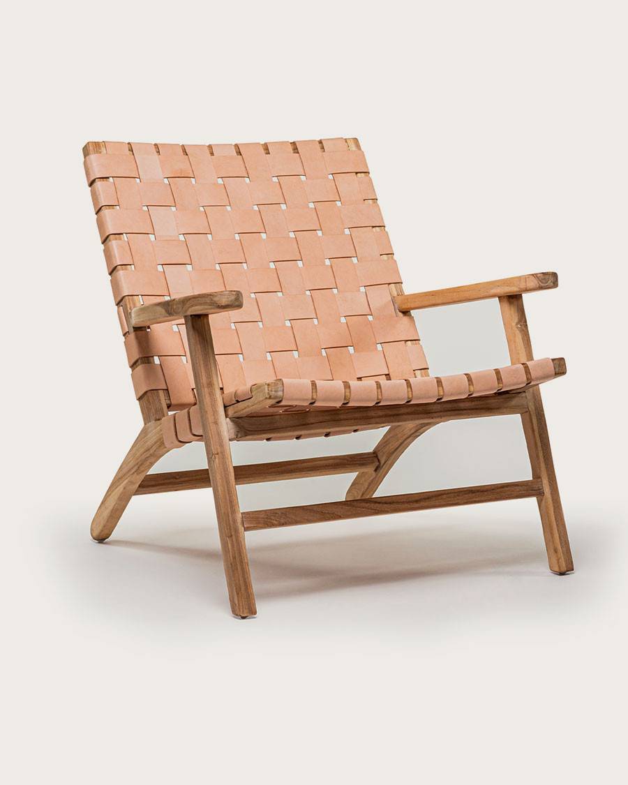 Salmon - Fauteuil lounge en teck et cuir saumon - UNIQKA - Image 1
