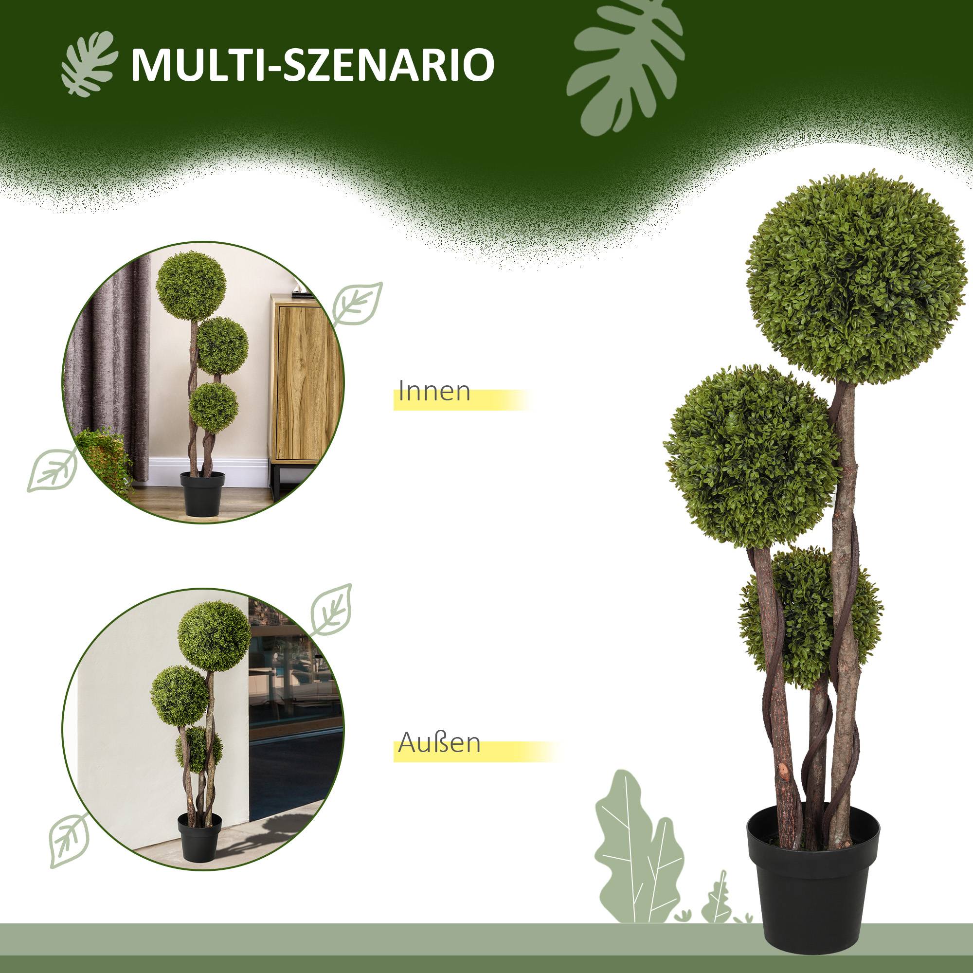 Buis Artificiel Topiaire Plastique Intérieur Extérieur 3 Boules 115cm Vert Noir - ComfortXL Outdoor Living - Image 7