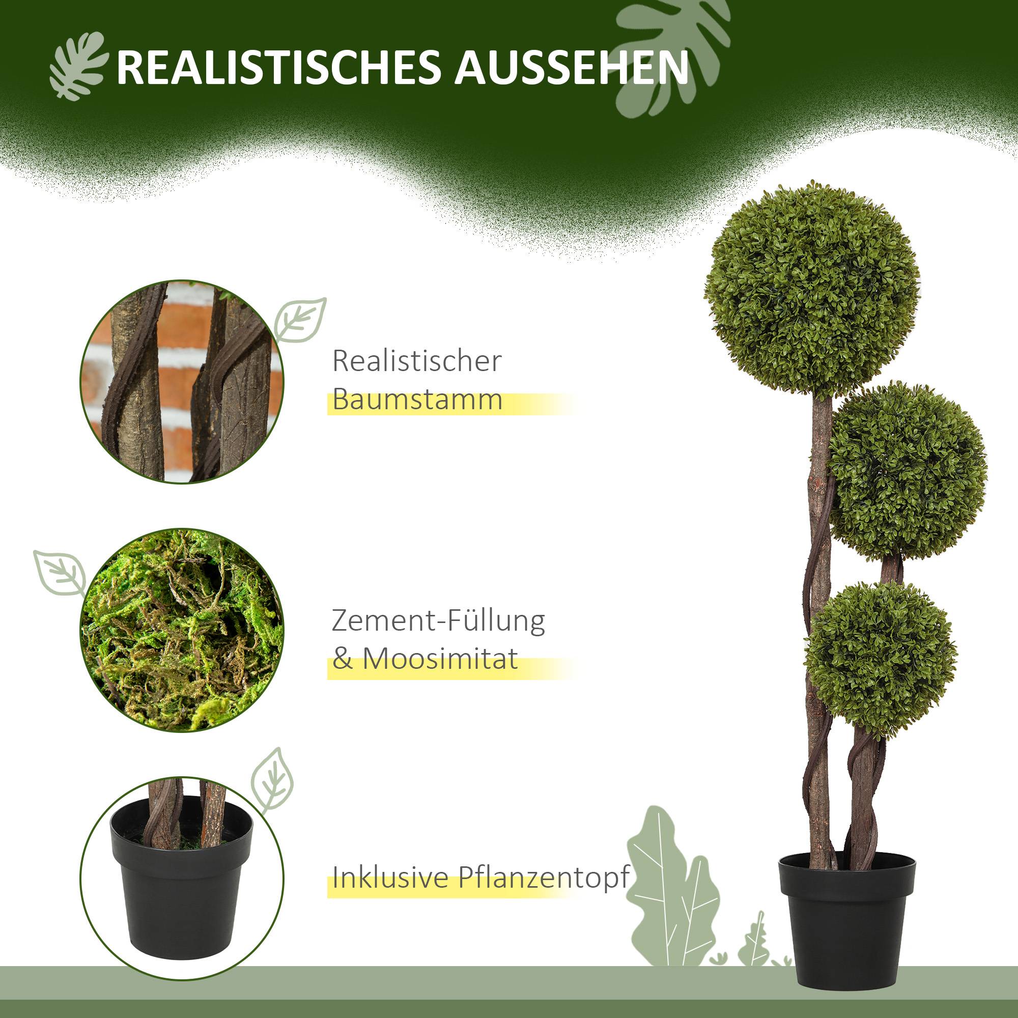 Buis Artificiel Topiaire Plastique Intérieur Extérieur 3 Boules 115cm Vert Noir - ComfortXL Outdoor Living - Image 6