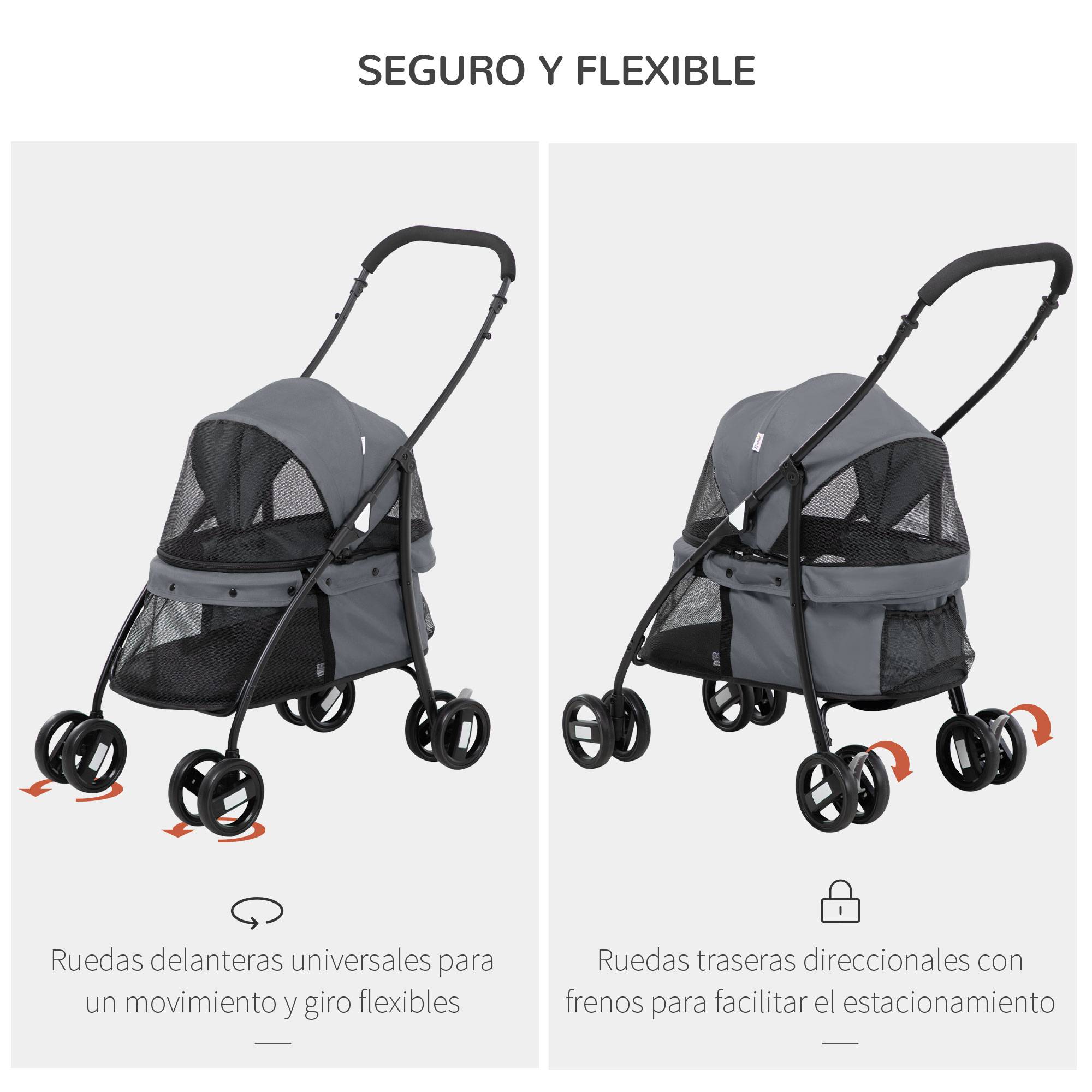 Poussette pliable pour petit chien avec fenêtres en filet, coussin lavable, sangles de sécurité et cadre en acier, grise - Image 7