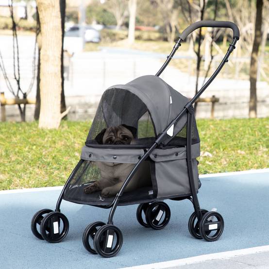 Poussette pliable pour petit chien avec fenêtres en filet, coussin lavable, sangles de sécurité et cadre en acier, grise - Image 4