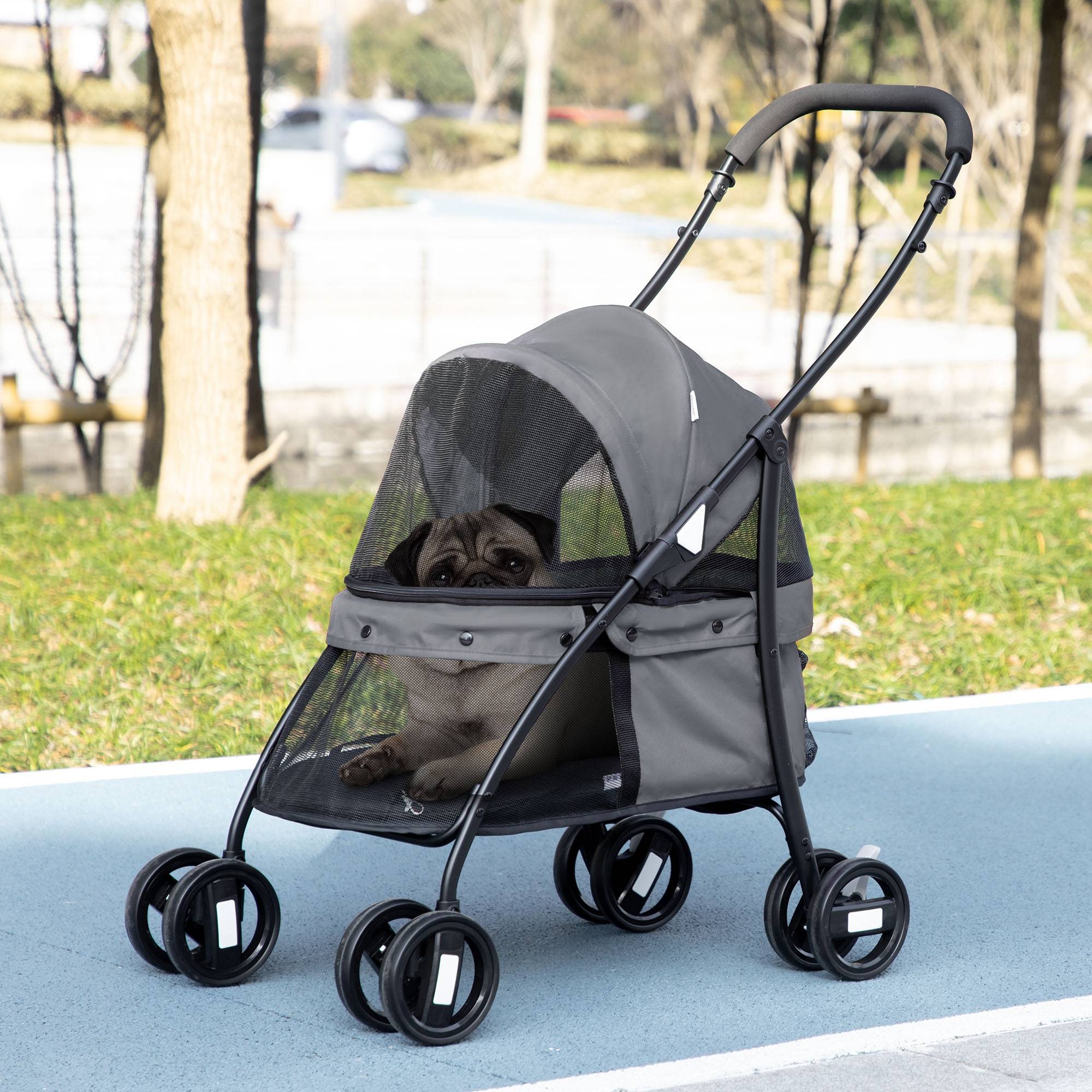 Poussette pliable pour petit chien avec fenêtres en filet, coussin lavable, sangles de sécurité et cadre en acier, grise - Image 4