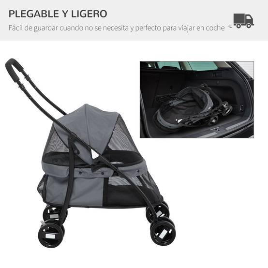 Poussette pliable pour petit chien avec fenêtres en filet, coussin lavable, sangles de sécurité et cadre en acier, grise - Image 8