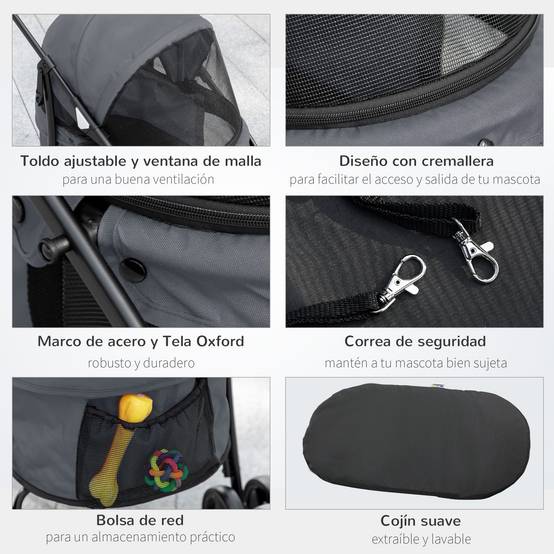 Poussette pliable pour petit chien avec fenêtres en filet, coussin lavable, sangles de sécurité et cadre en acier, grise - Image 9