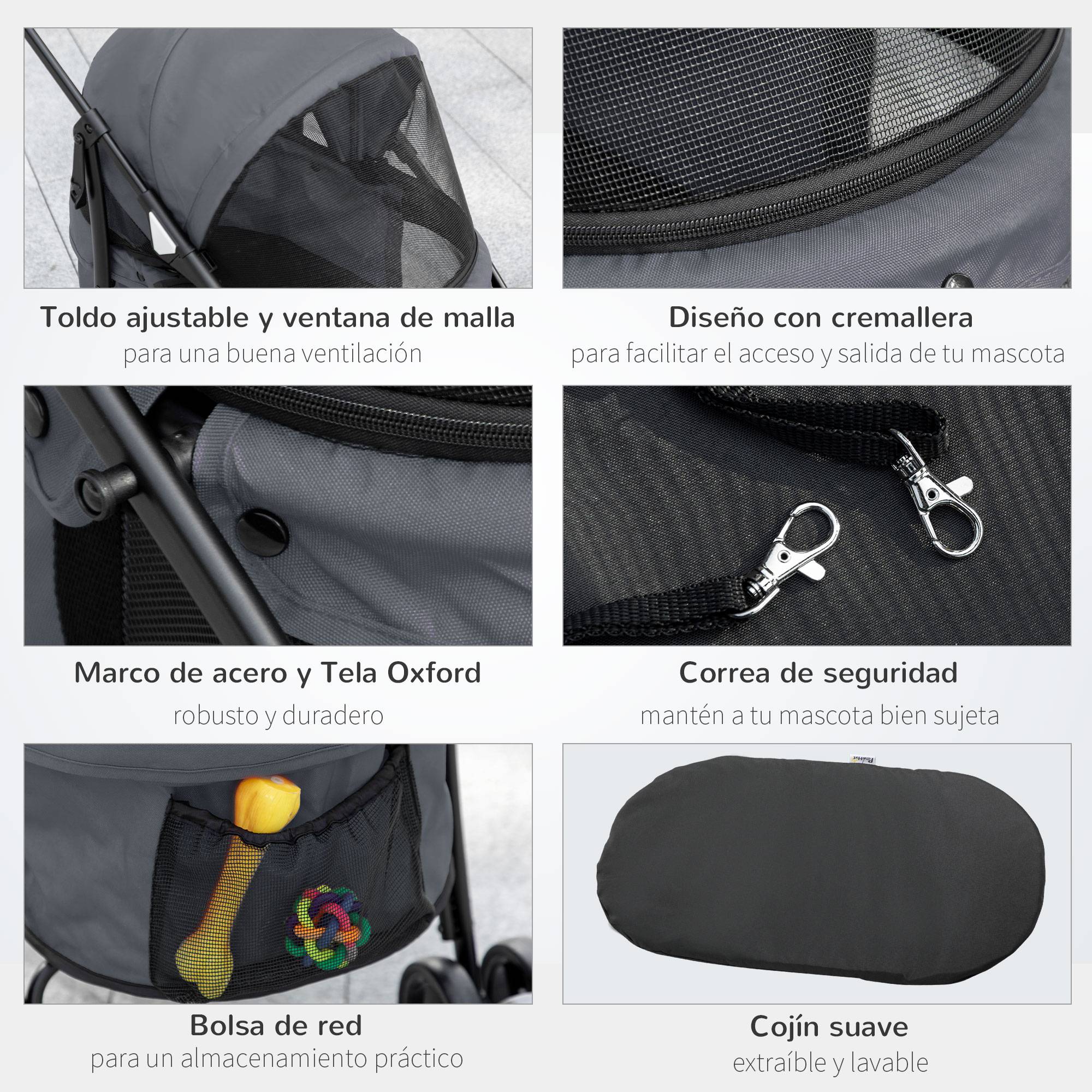 Poussette pliable pour petit chien avec fenêtres en filet, coussin lavable, sangles de sécurité et cadre en acier, grise - Image 9