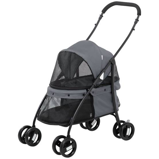 Poussette pliable pour petit chien avec fenêtres en filet, coussin lavable, sangles de sécurité et cadre en acier, grise - Image 2