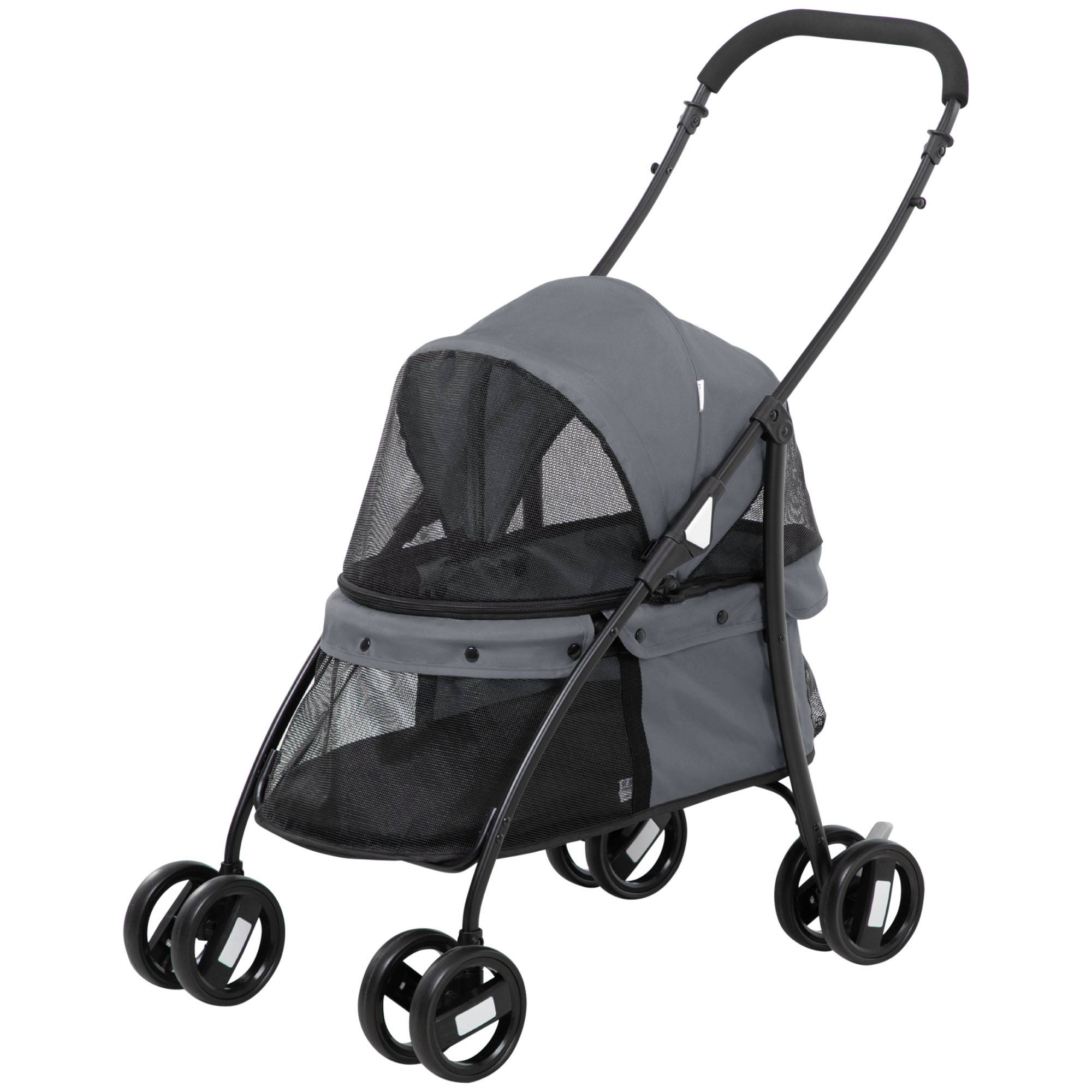 Poussette pliable pour petit chien avec fenêtres en filet, coussin lavable, sangles de sécurité et cadre en acier, grise - Image 2