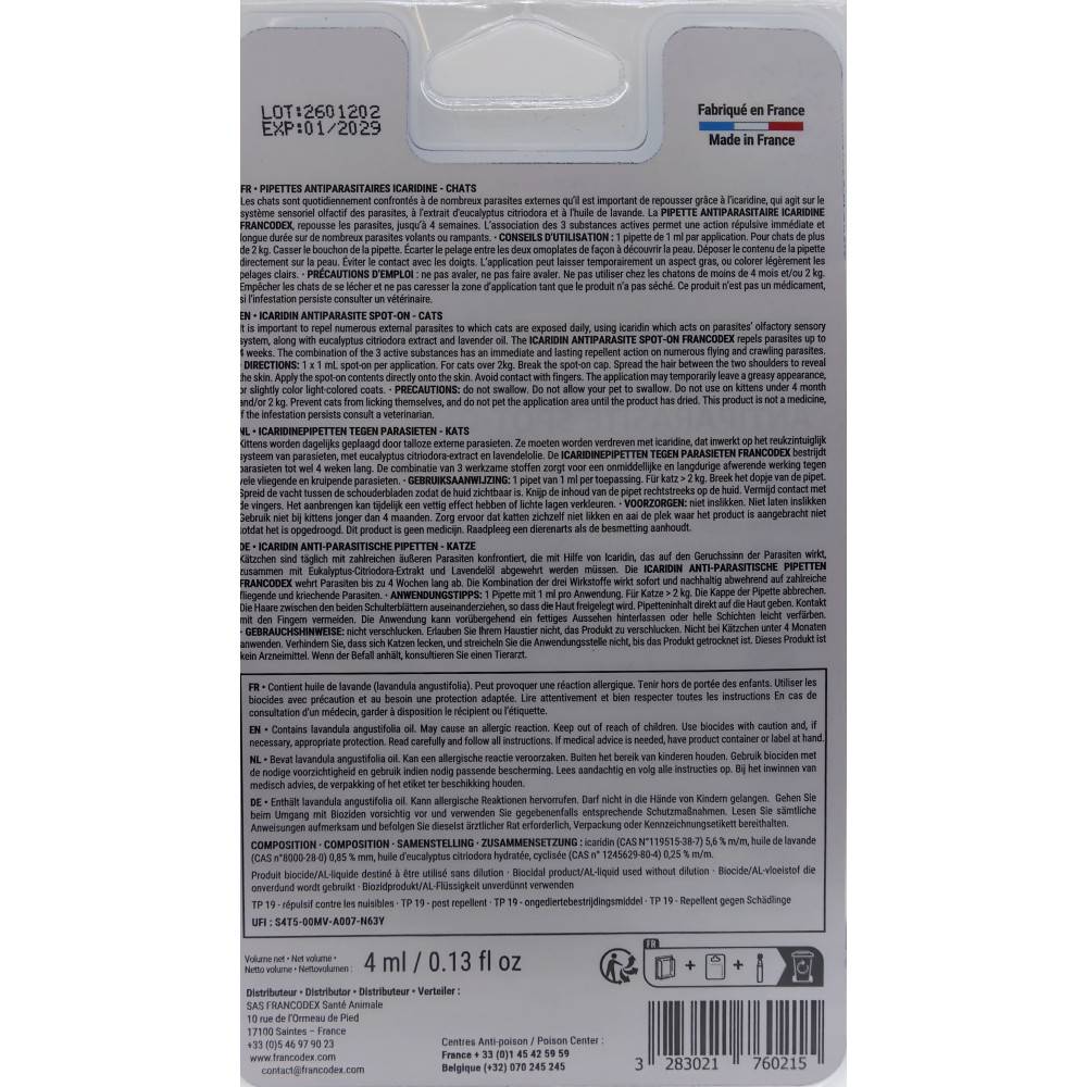 Francodex - 4 Pipettes antiparasitaires Icaridine Francodex - Chat plus de 2 kg - Image 4