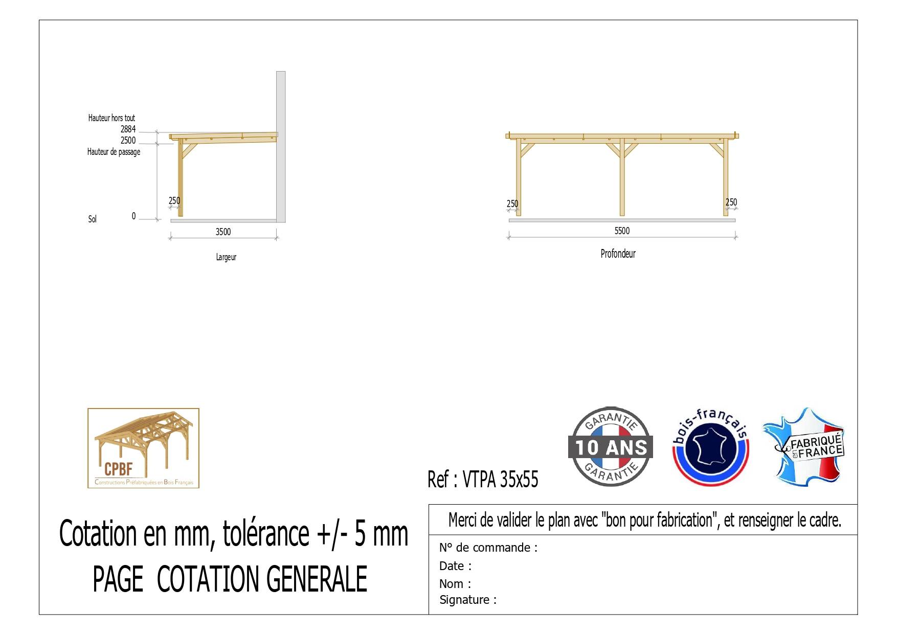 Cpbf Charpentes - Carport adossé toit plat 350cmx550cm, bois DOUGLAS Français (Charpente en bois-auvent-abri voiture) 20 m². Garantie 10 ans - Image 2