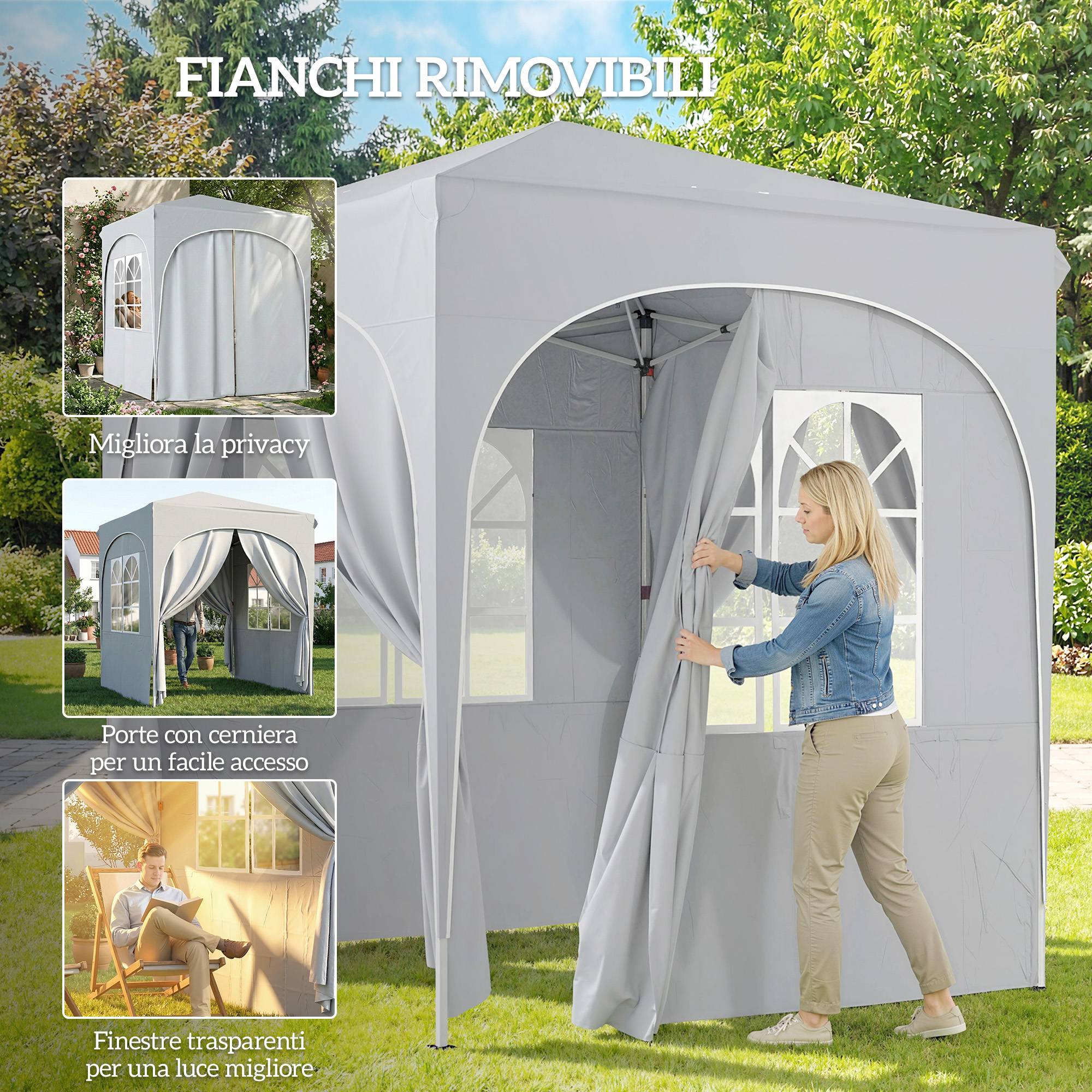 Gazebo pliant réglable 2x2 m avec 4 parois latérales métal toile Oxford Gris, tente compacte jardin extérieur - Image 7