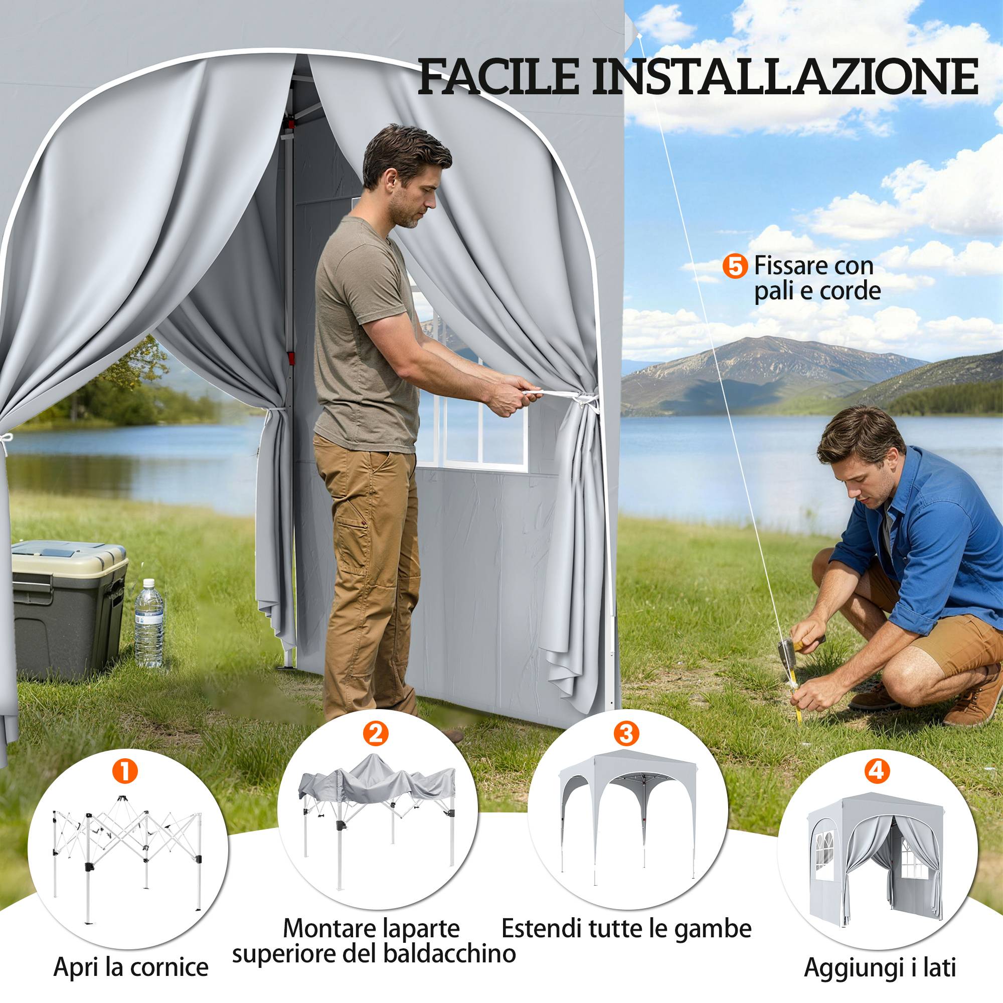 Gazebo pliant réglable 2x2 m avec 4 parois latérales métal toile Oxford Gris, tente compacte jardin extérieur - Image 8