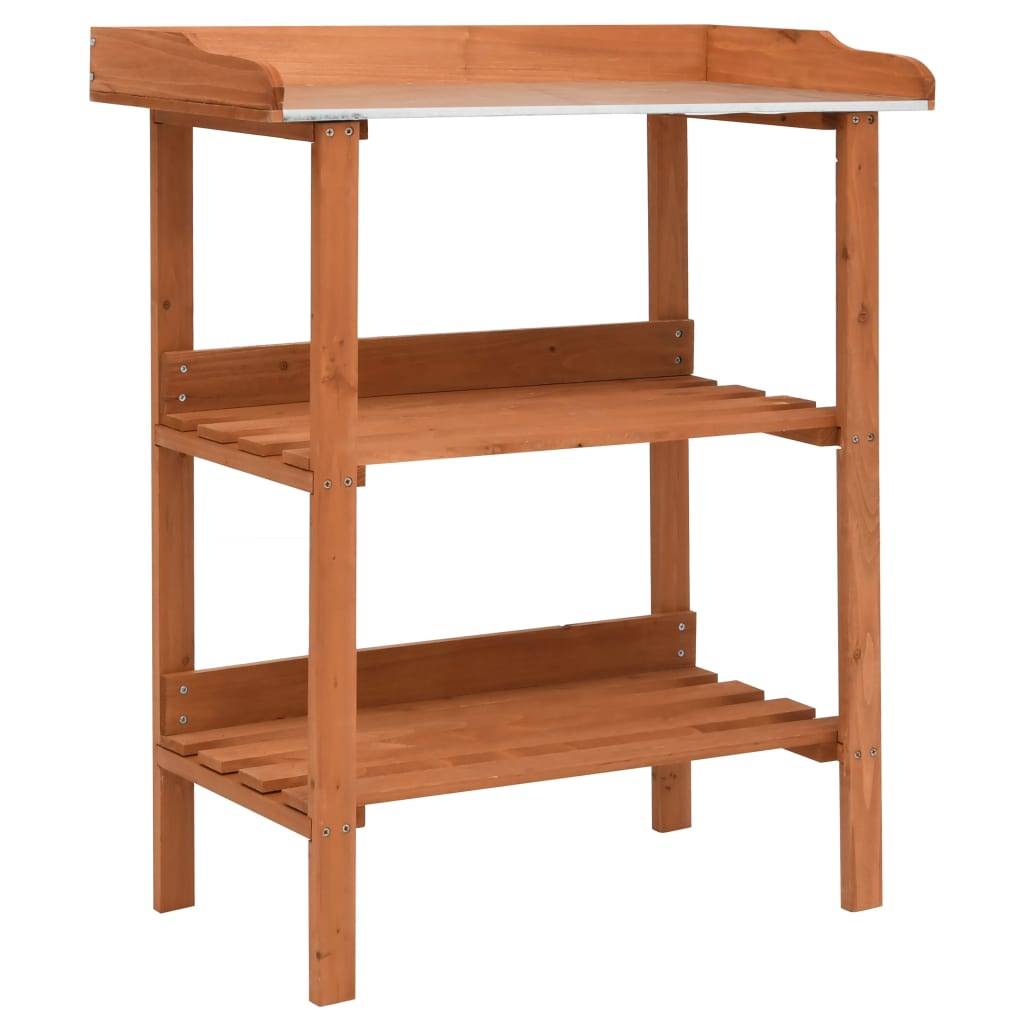 Établi de Jardinage en Bois de Sapin avec Dessus Zinc et 3 Étagères de Rangement Brun – ComfortXL Outdoor Living - Image 1