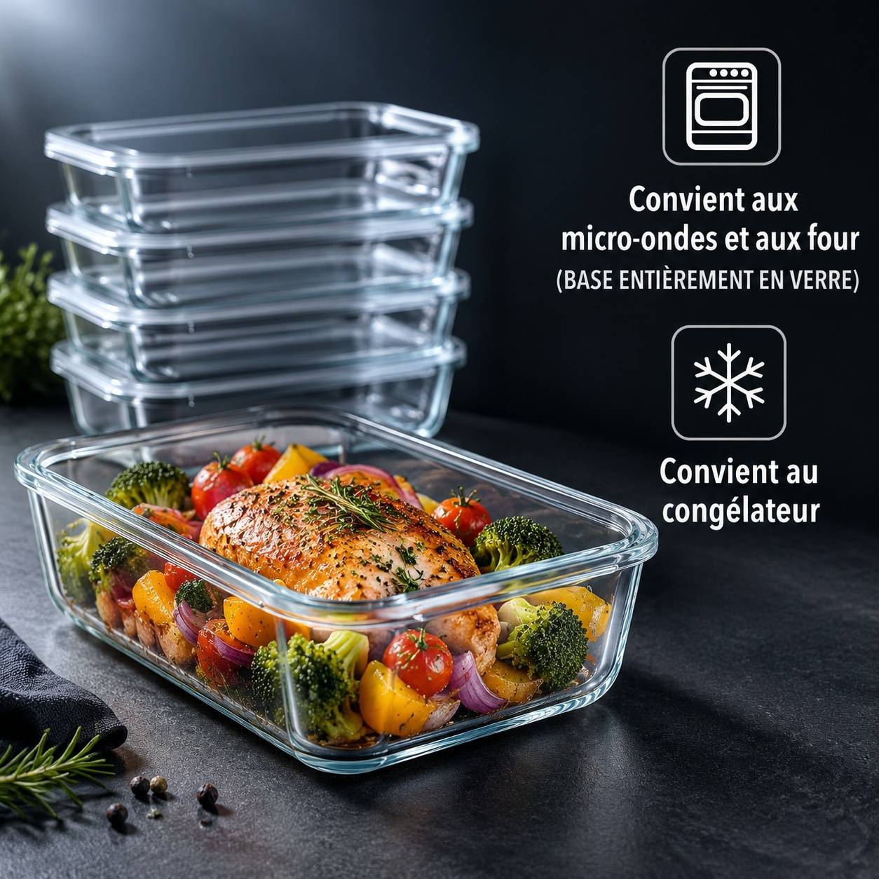 Lot de 5 Boîtes Repas en Verre Borosilicate avec Couvercle Étanche - Image 3