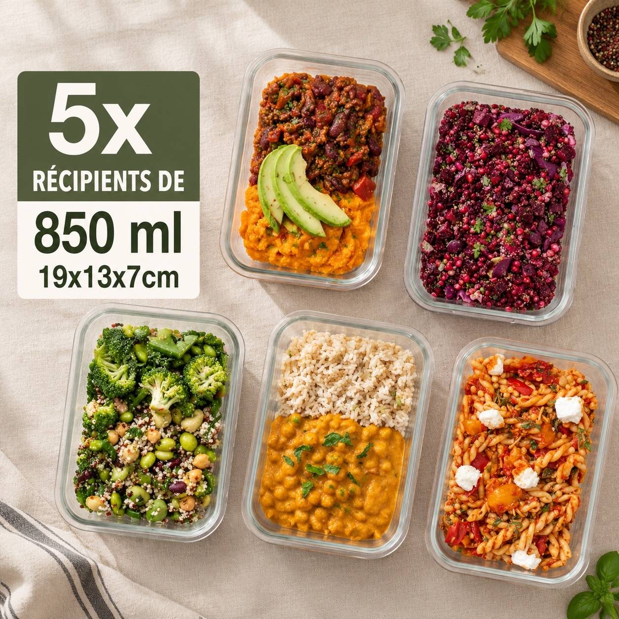 Lot de 5 Boîtes Repas en Verre Borosilicate avec Couvercle Étanche - Image 2