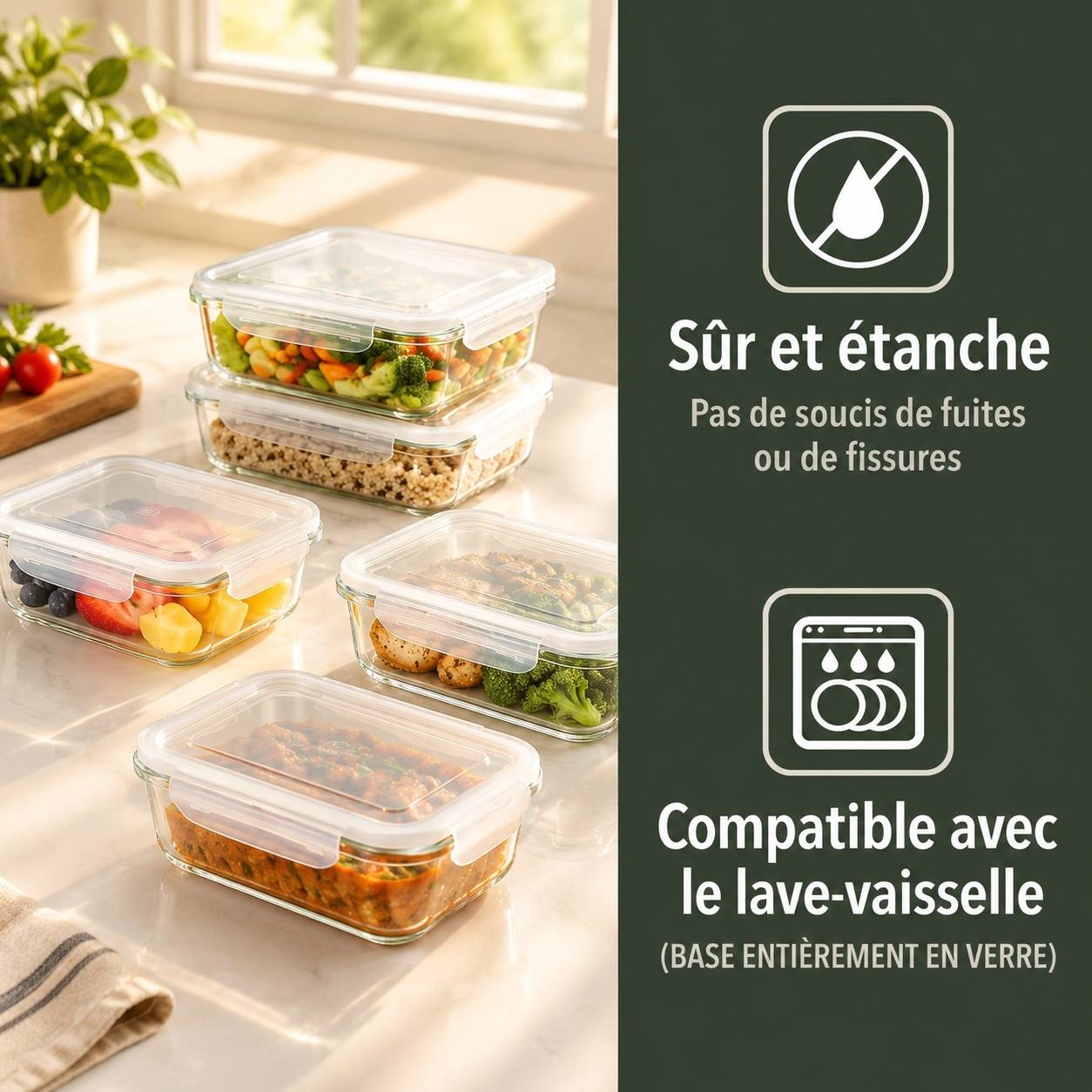 Lot de 5 Boîtes Repas en Verre Borosilicate avec Couvercle Étanche - Image 4