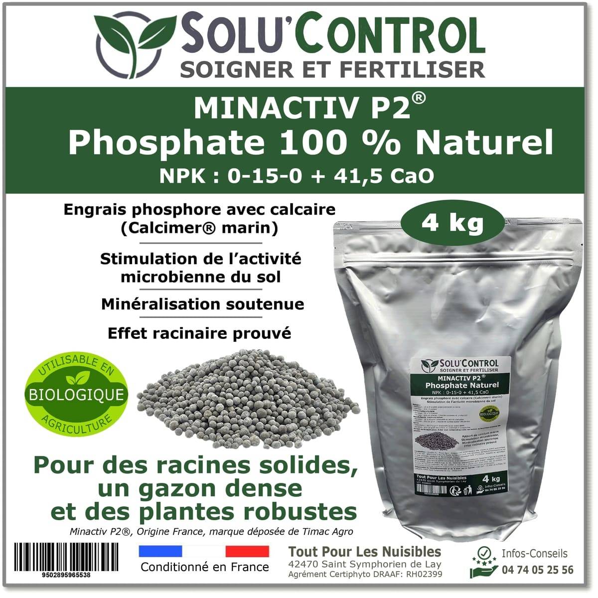 SOLU’CONTROL - 4 kg de Minactiv P2® – Engrais phosphate naturel – Avec Calcimer® marin et stimulateur microbien – Racines solides, gazon dense - Image 1