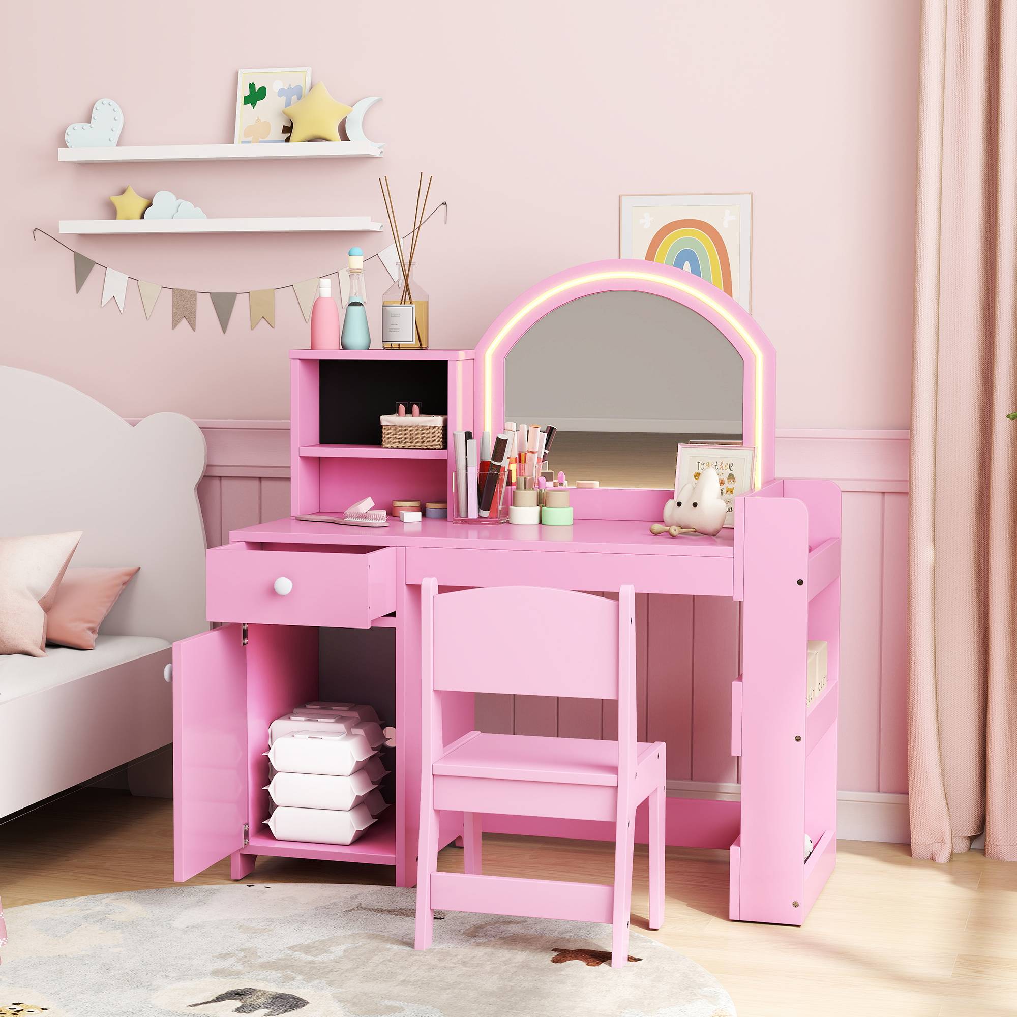 Sans Marque - Coiffeuse pour enfants avec tabouret et miroir LED, table de maquillage pour 3 à 8 ans, 88,6 x 38,8 x 96,9 cm, rose - Image 4