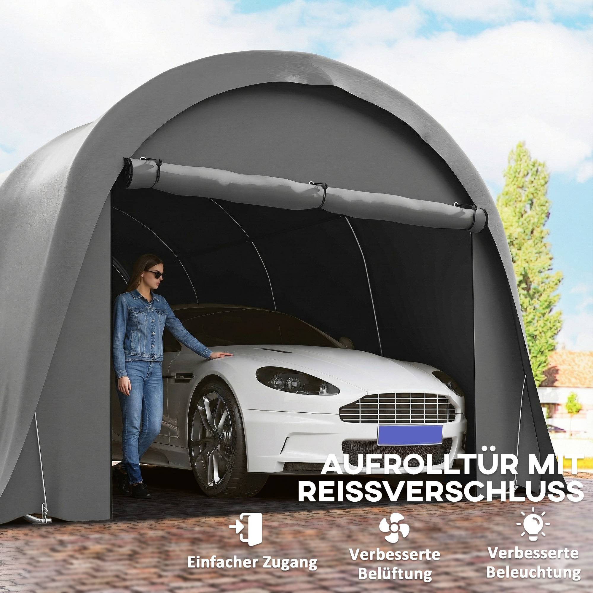 Abri de voiture 3x6 m, imperméable et résistant à l’hiver, parois amovibles, porte enroulable, UPF50+ - Image 8