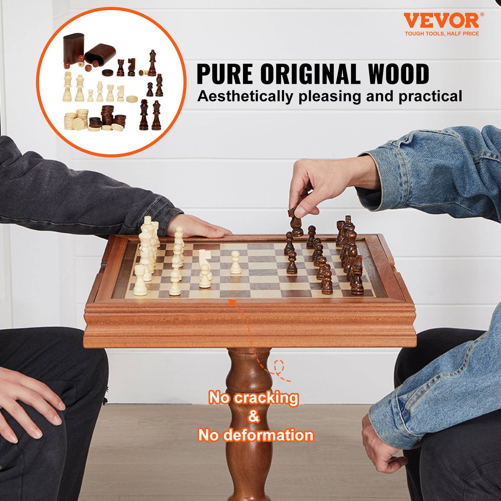 VEVOR Jeu échecs dames backgammon 3-en-1, bois 44x67,5 cm. Table de luxe, jeu société. - Image 2