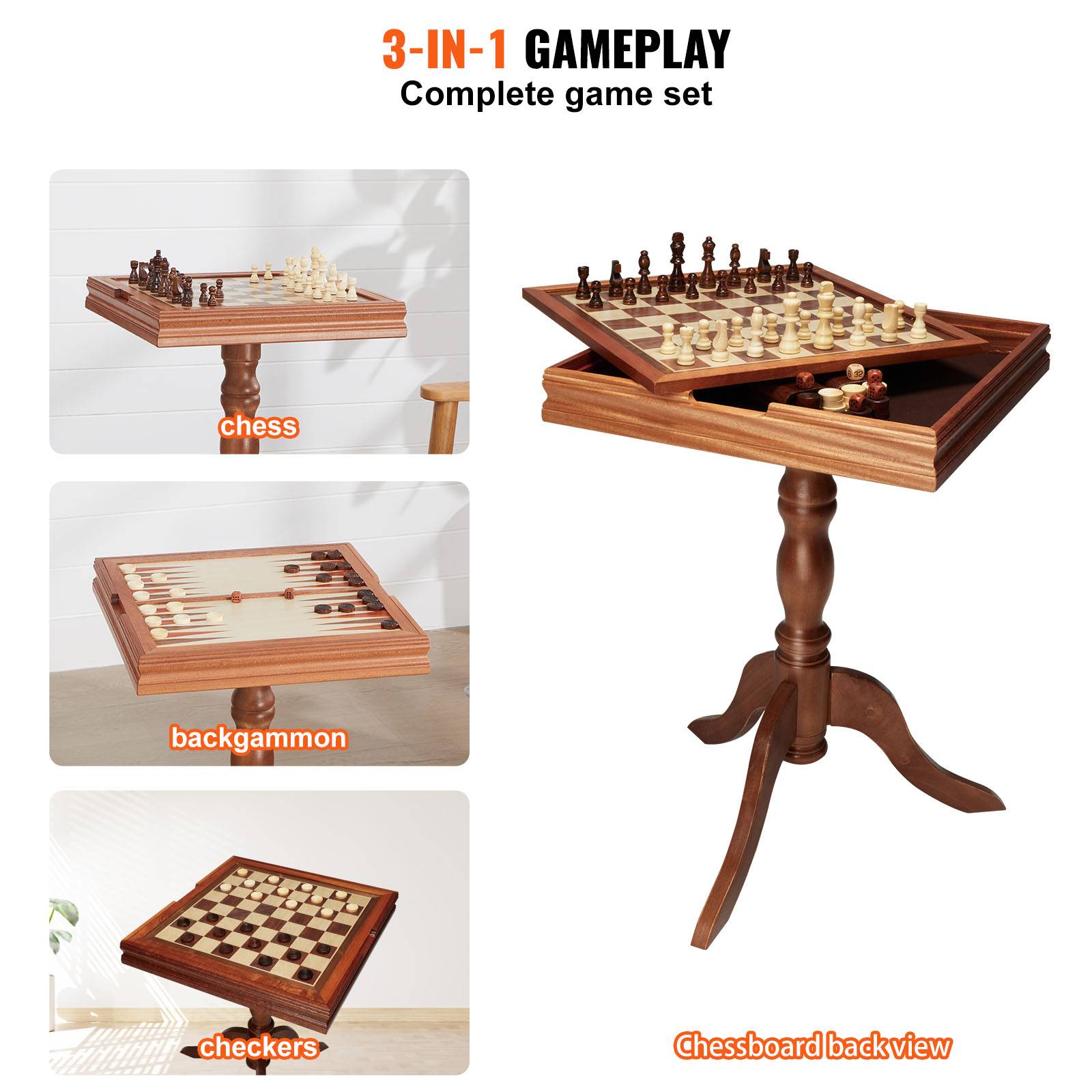 VEVOR Jeu échecs dames backgammon 3-en-1, bois 44x67,5 cm. Table de luxe, jeu société. - Image 6