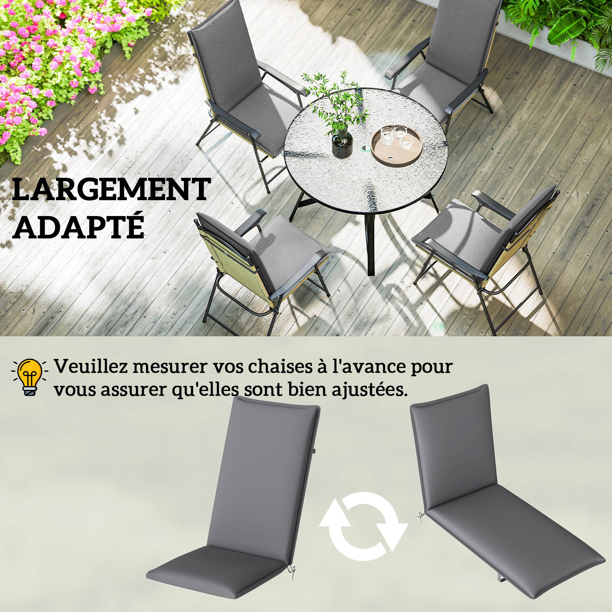 Lot de 4 coussins de chaise extérieur avec attaches et bande réglable, anti-décoloration UPF50+, 124x50x5cm, gris - Image 9