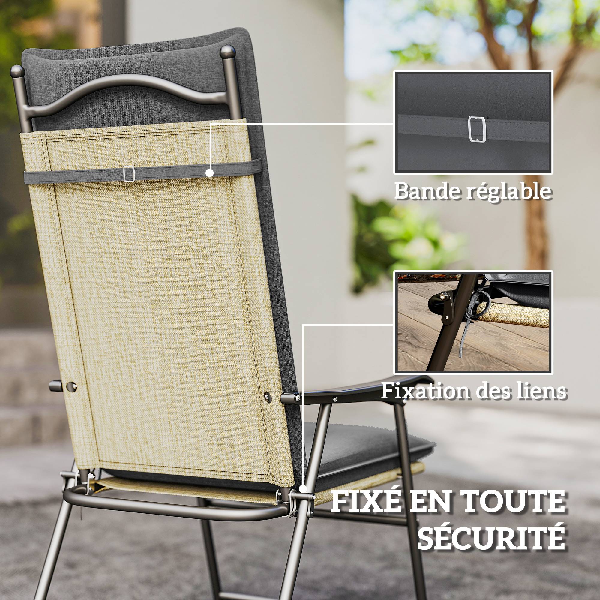 Lot de 4 coussins de chaise extérieur avec attaches et bande réglable, anti-décoloration UPF50+, 124x50x5cm, gris - Image 8