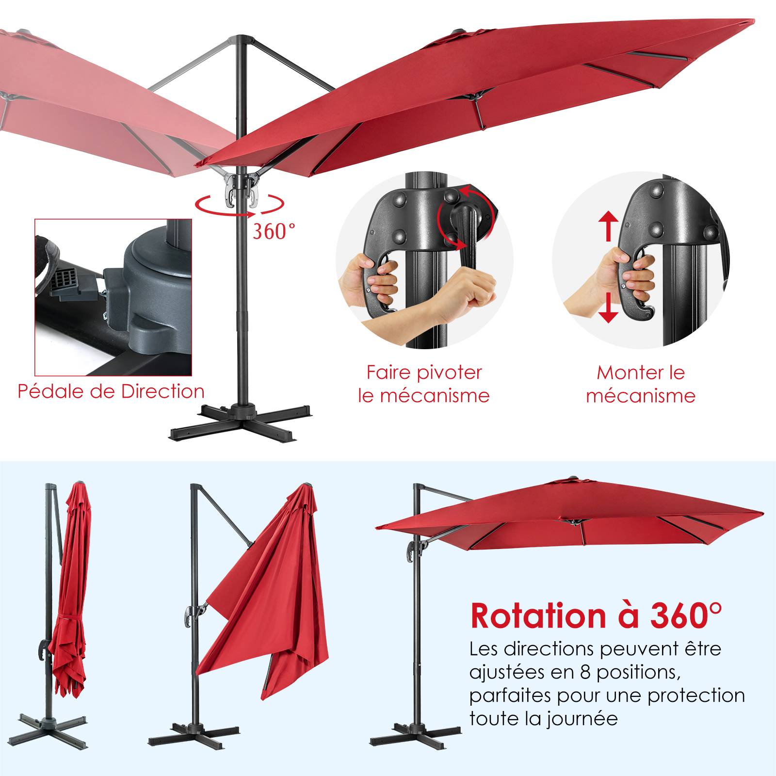 Parasol Déporté Inclinable 3x3M, Parasol de Jardin Extérieur Pliable, Base Croisée Rotatifà 360° Protection UV, Vin-Rouge - Image 7