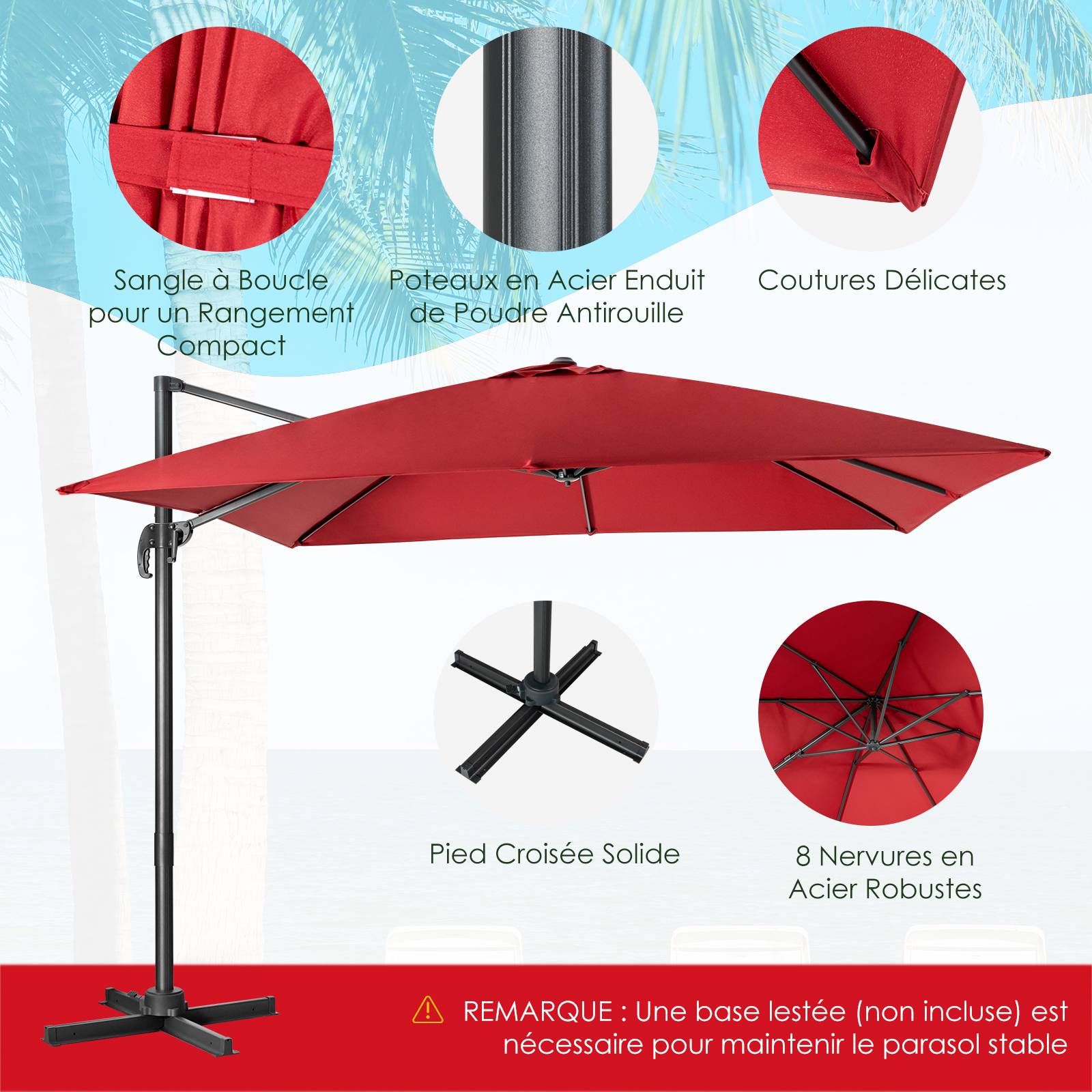 Parasol Déporté Inclinable 3x3M, Parasol de Jardin Extérieur Pliable, Base Croisée Rotatifà 360° Protection UV, Vin-Rouge - Image 5