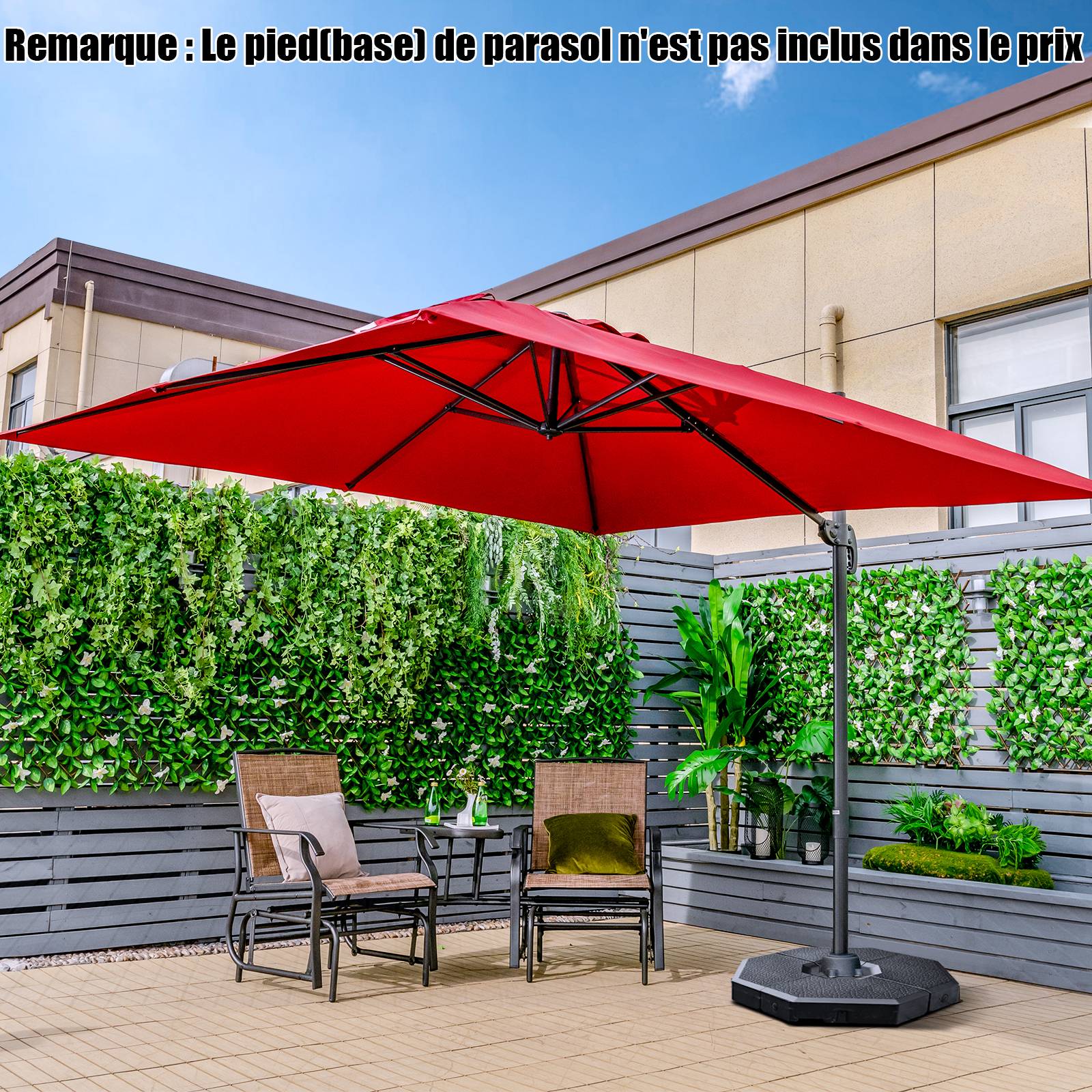 Parasol Déporté Inclinable 3x3M, Parasol de Jardin Extérieur Pliable, Base Croisée Rotatifà 360° Protection UV, Vin-Rouge - Image 2