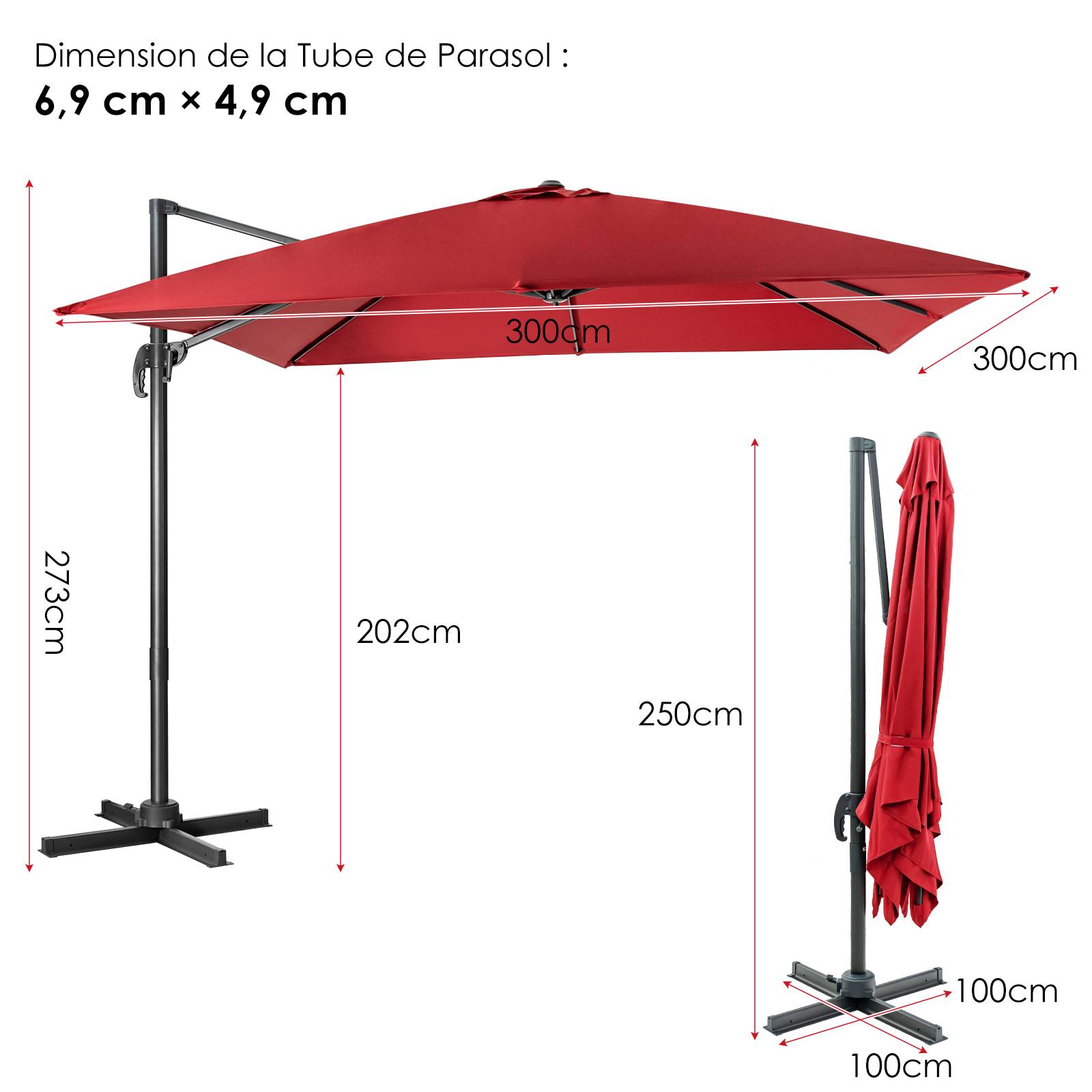 Parasol Déporté Inclinable 3x3M, Parasol de Jardin Extérieur Pliable, Base Croisée Rotatifà 360° Protection UV, Vin-Rouge - Image 3