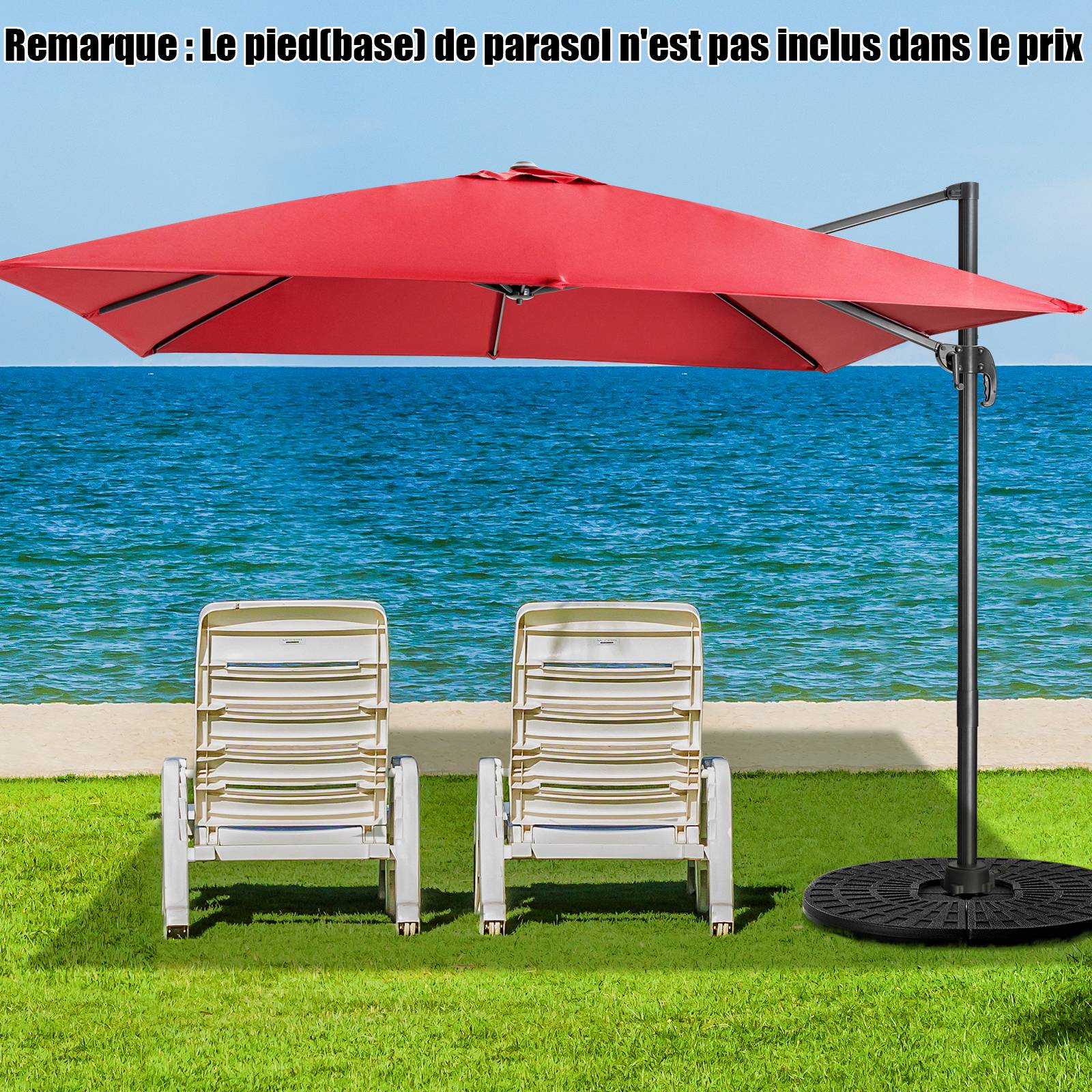 Parasol Déporté Inclinable 3x3M, Parasol de Jardin Extérieur Pliable, Base Croisée Rotatifà 360° Protection UV, Vin-Rouge - Image 9