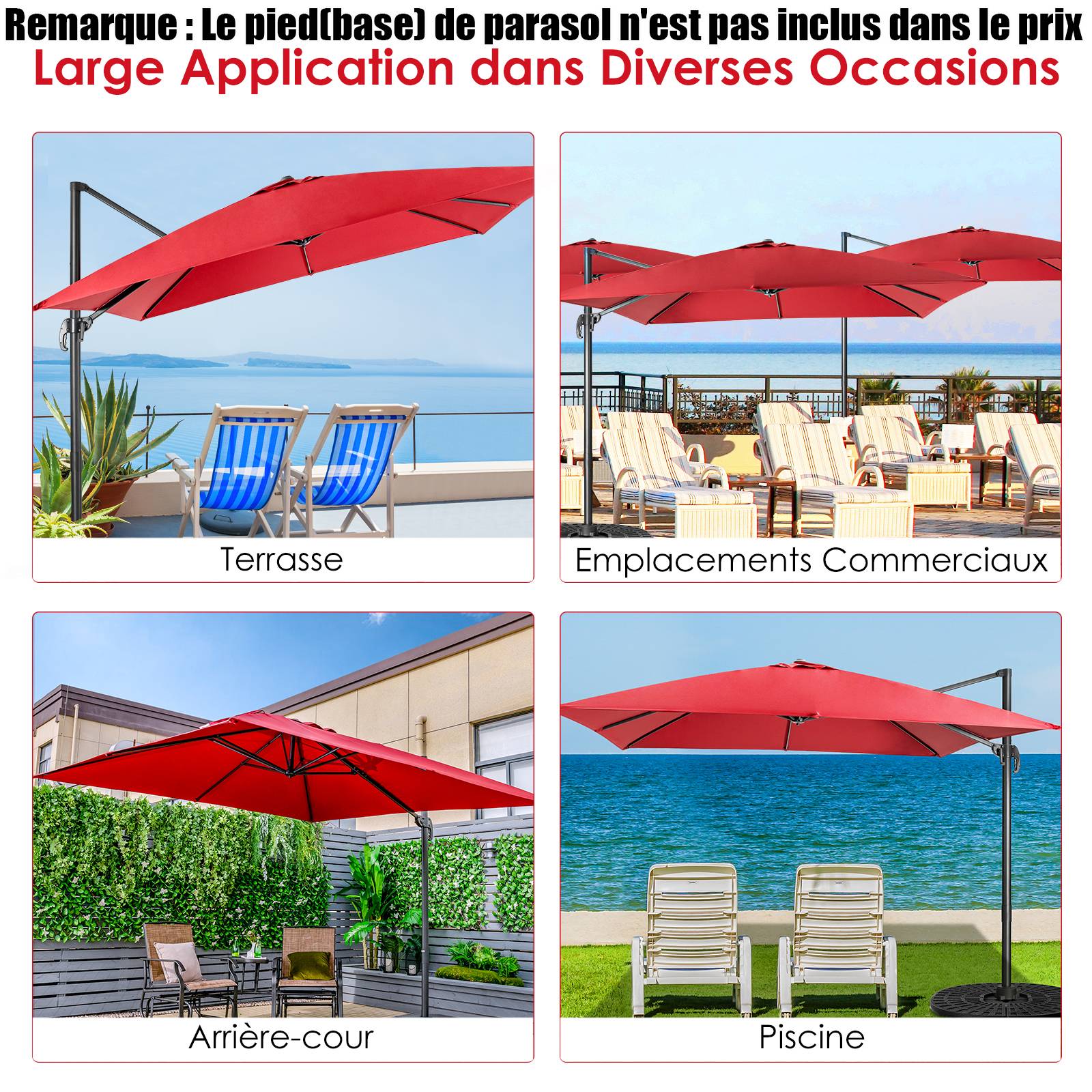 Parasol Déporté Inclinable 3x3M, Parasol de Jardin Extérieur Pliable, Base Croisée Rotatifà 360° Protection UV, Vin-Rouge - Image 8