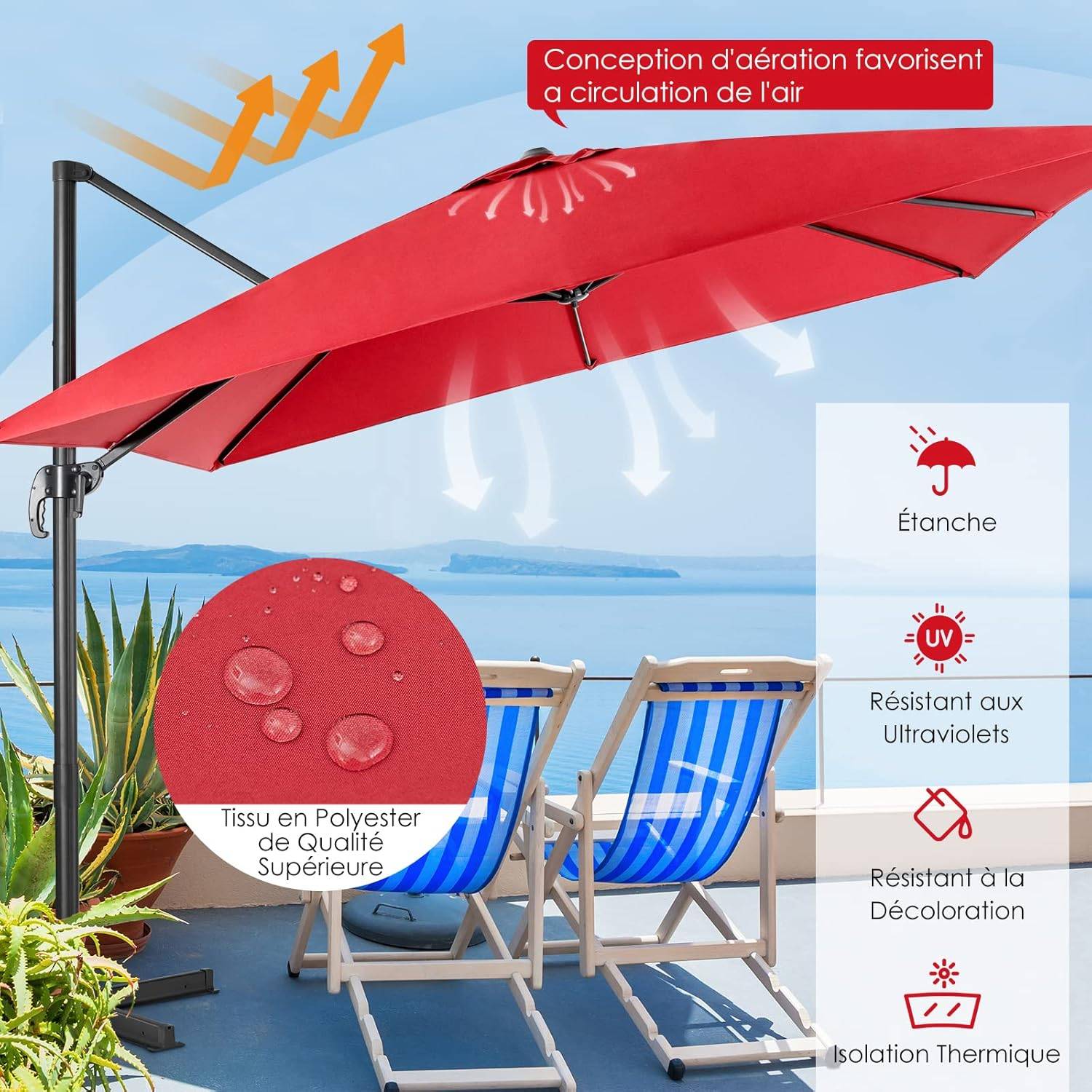 Parasol Déporté Inclinable 3x3M, Parasol de Jardin Extérieur Pliable, Base Croisée Rotatifà 360° Protection UV, Vin-Rouge - Image 4