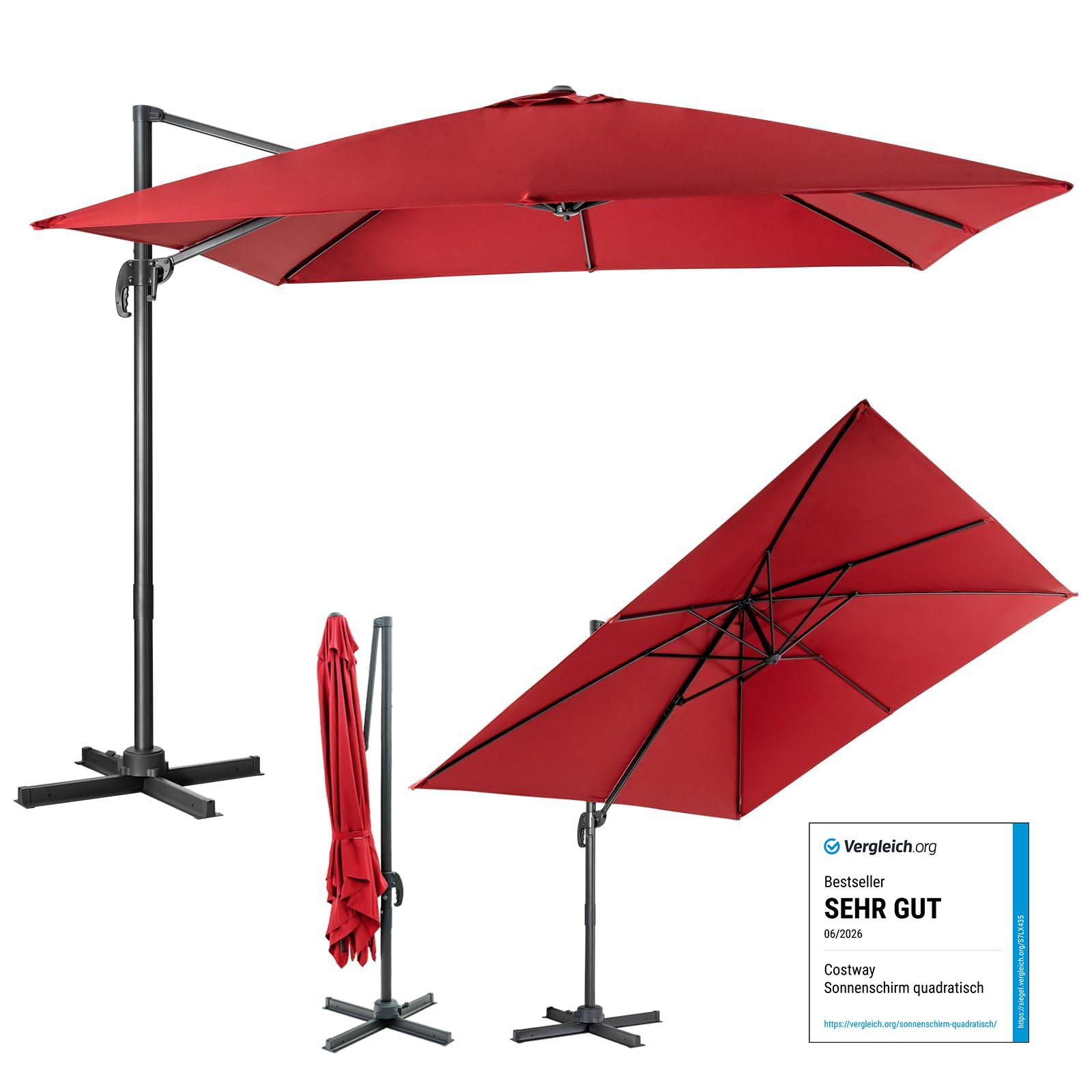 Parasol Déporté Inclinable 3x3M, Parasol de Jardin Extérieur Pliable, Base Croisée Rotatifà 360° Protection UV, Vin-Rouge - Image 1