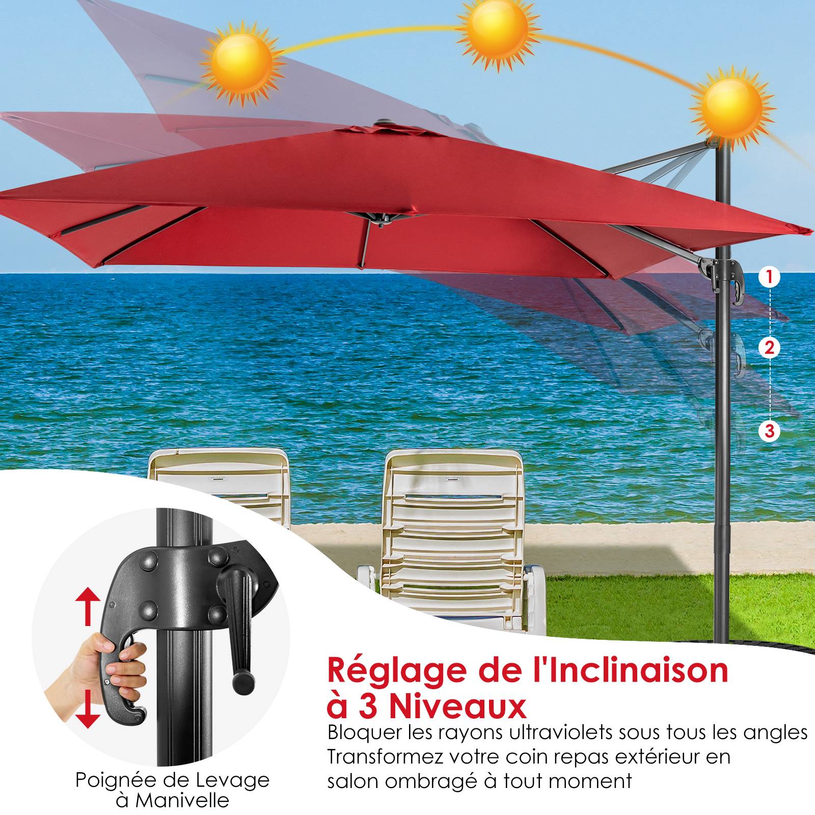 Parasol Déporté Inclinable 3x3M, Parasol de Jardin Extérieur Pliable, Base Croisée Rotatifà 360° Protection UV, Vin-Rouge - Image 6