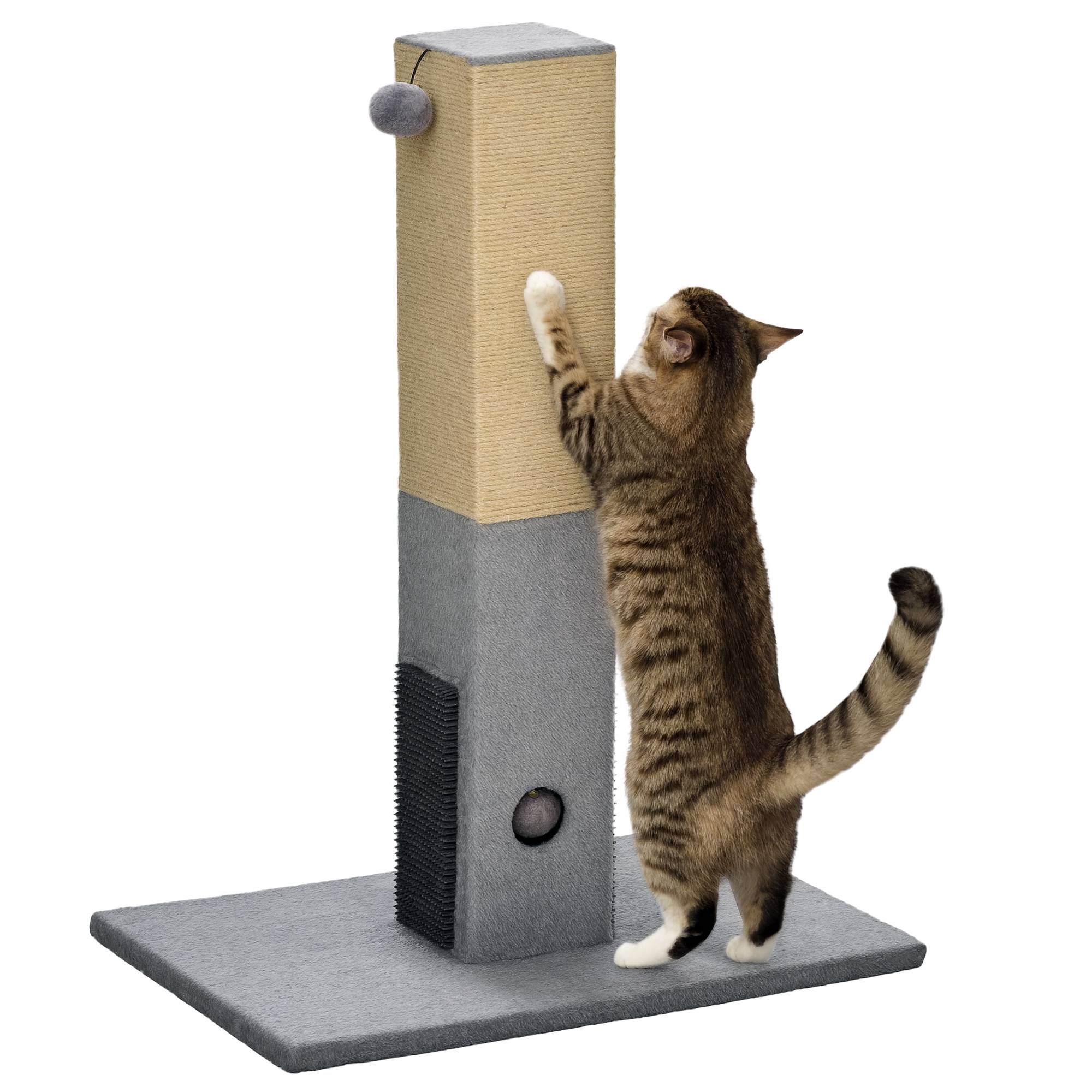 Arbre à chat avec 2 balles et brosse, en bois, jute et peluche, 59,5 x 39 x 79 cm, gris - Image 1
